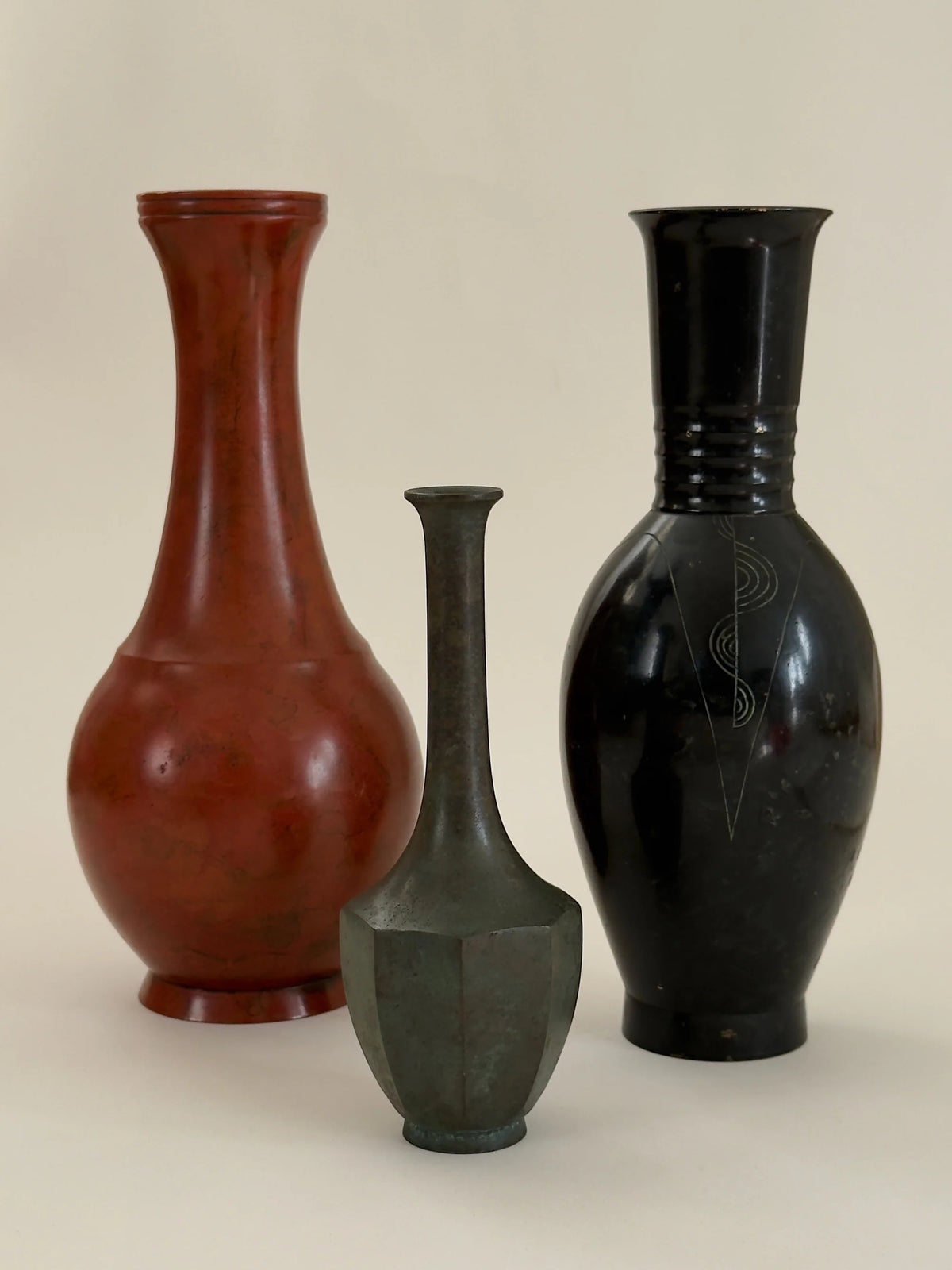 Japanese Bronze Vase with Mottled Vermilion Patina, Signed — close-up of textured bronze surface