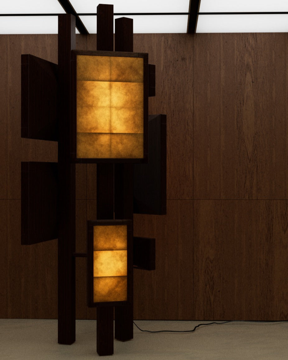 Antenna Totem floor lamp with illuminated geometric panels by Zbeul