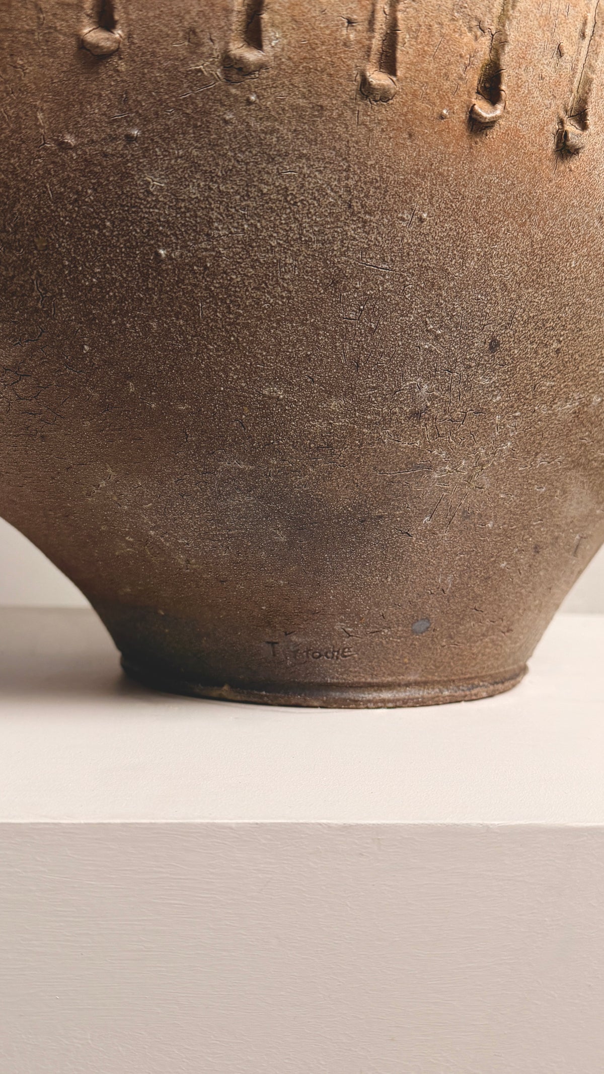 Monumental handled vase by Gustave Tiffoche — close-up of textured ceramic surface
