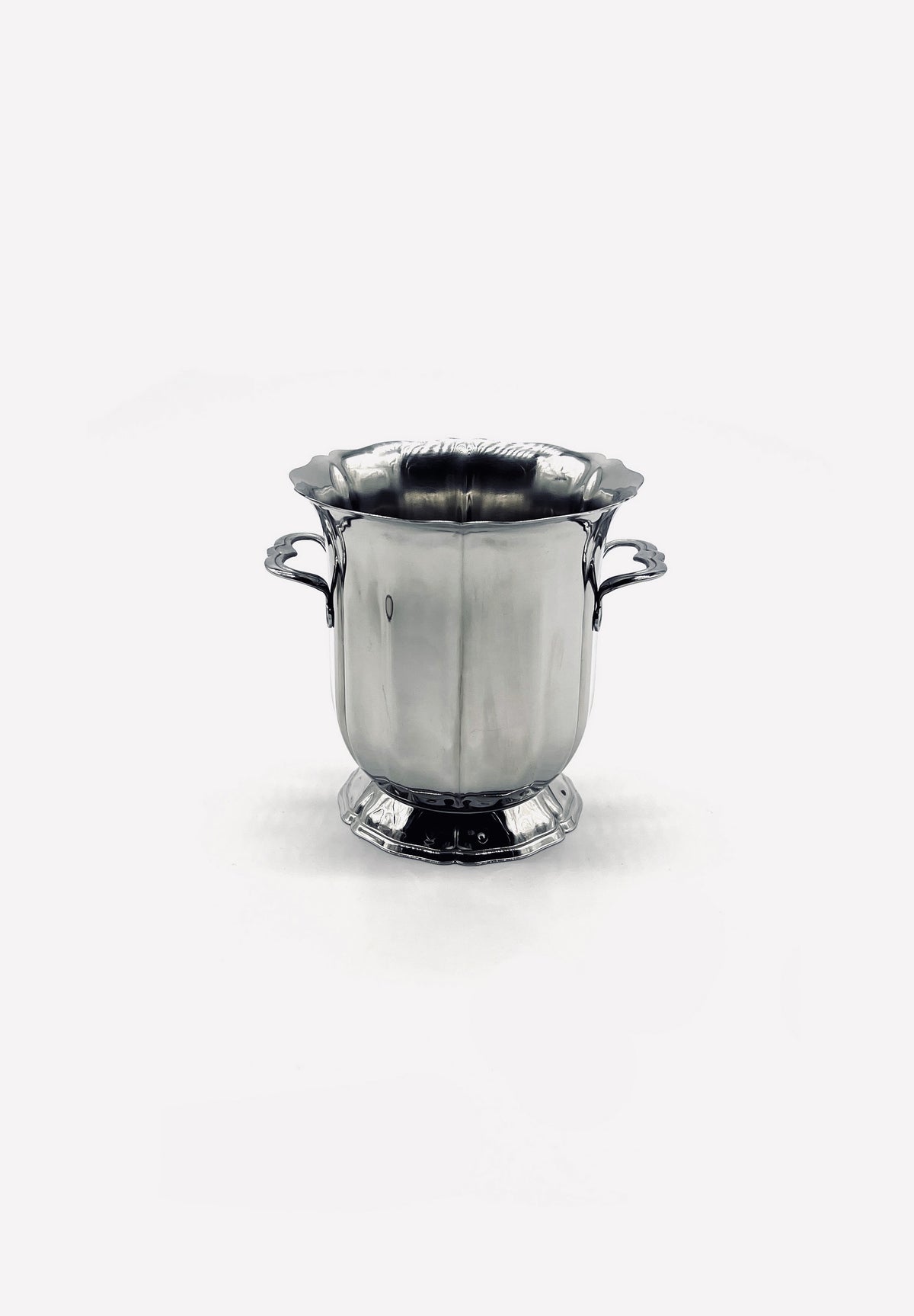 Vintage stainless steel ice bucket with handles and scalloped rim
