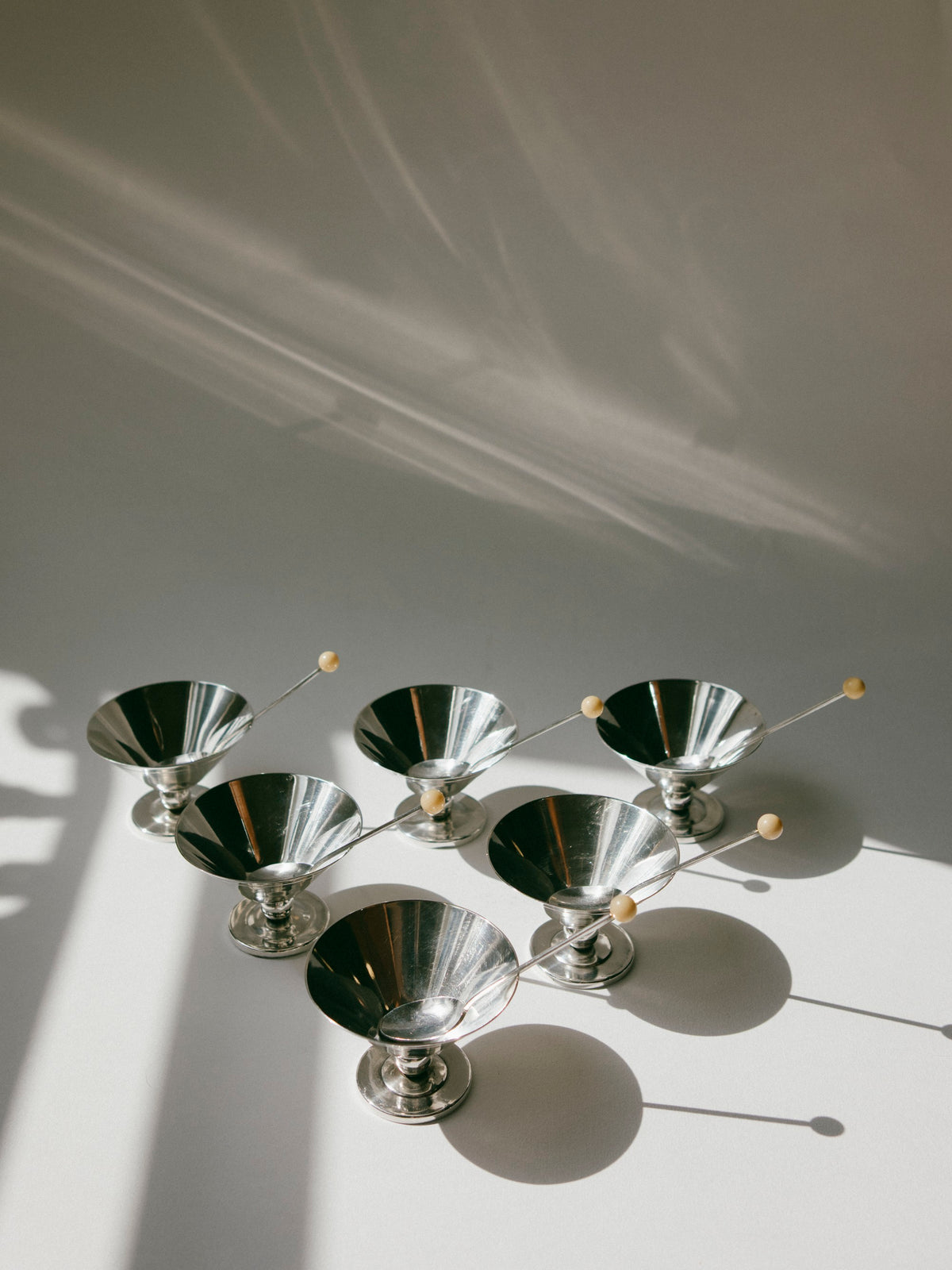 Set of 6 Art Deco Silver-Plated Ice Coupes with Beaded Spoons, France, c. 1930s — side angle