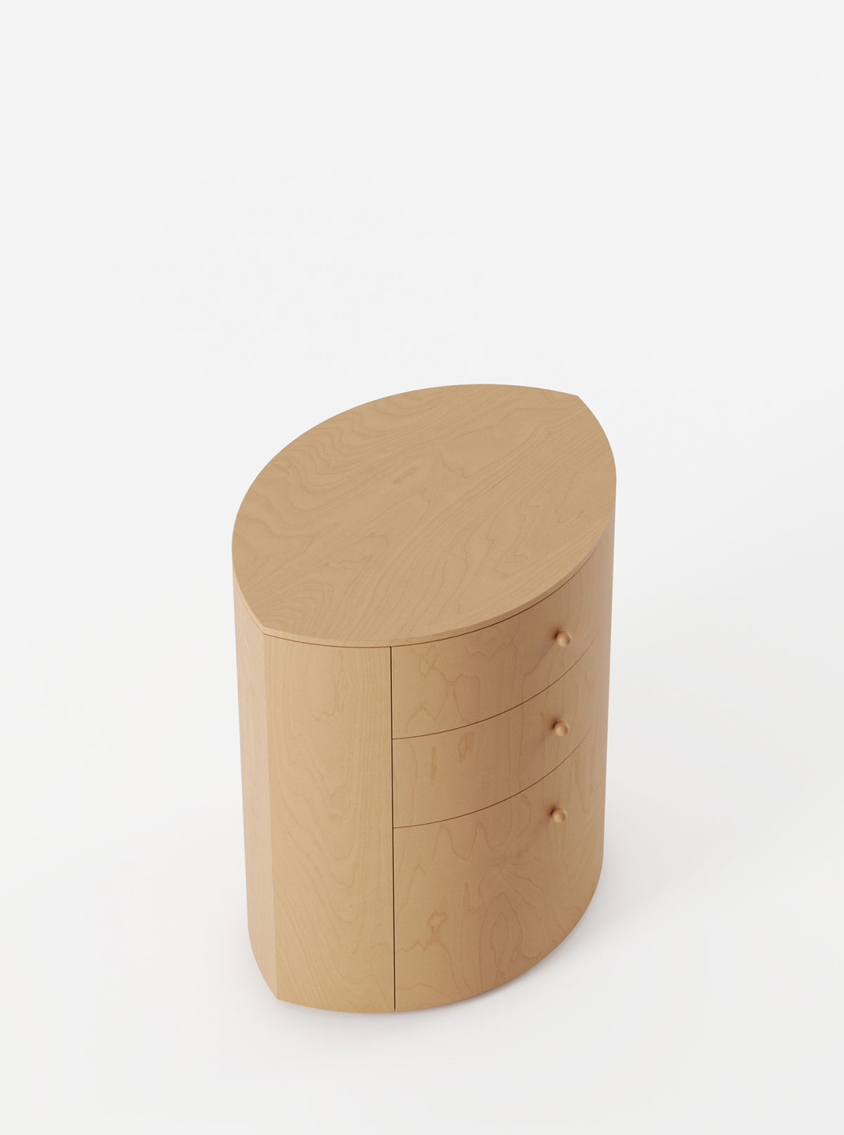 Observer natural birch nightstand with curved oval form and drawers