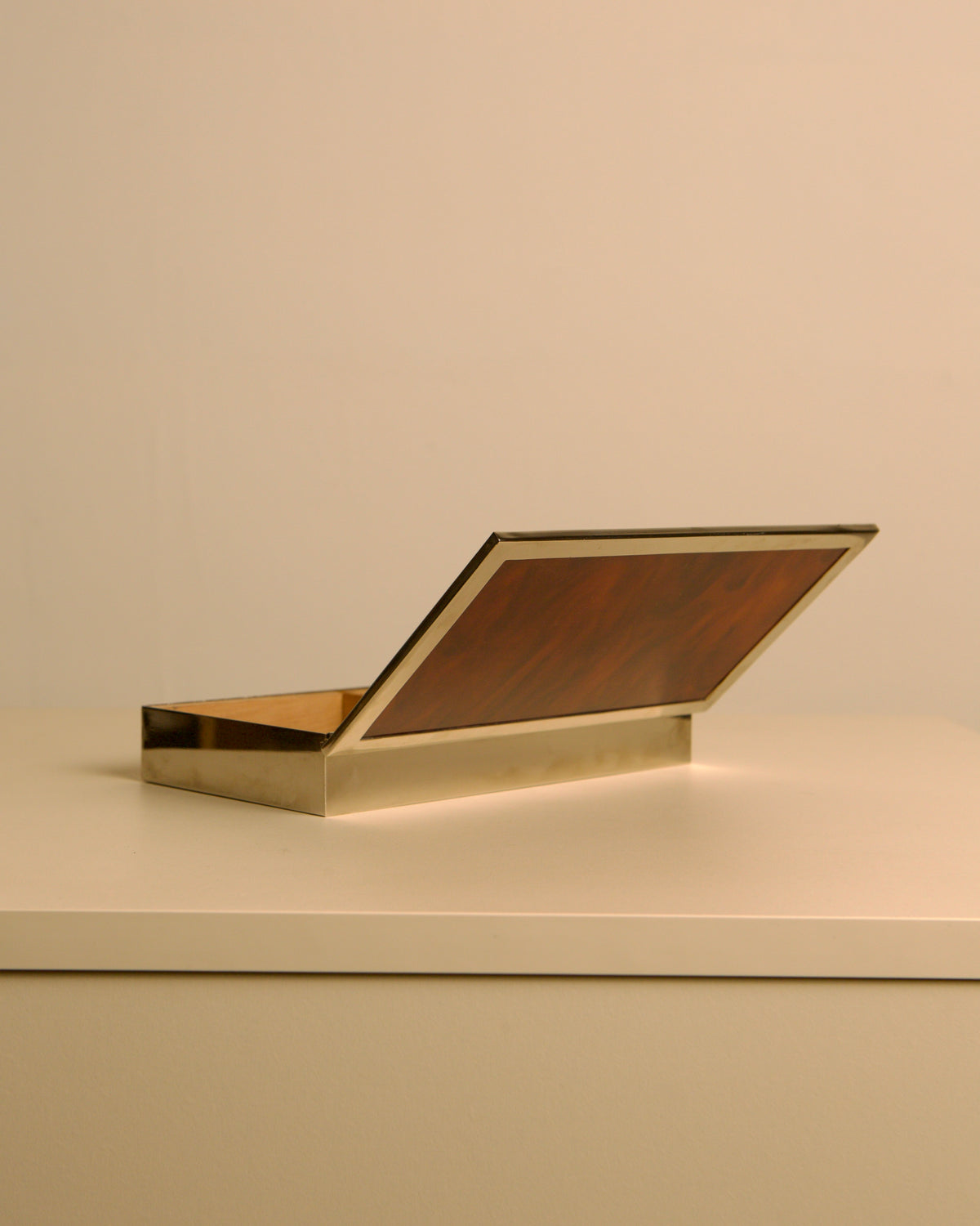 Italian rectangular box in chrome metal and faux tortoiseshell lacquer with light wood int — alternate view