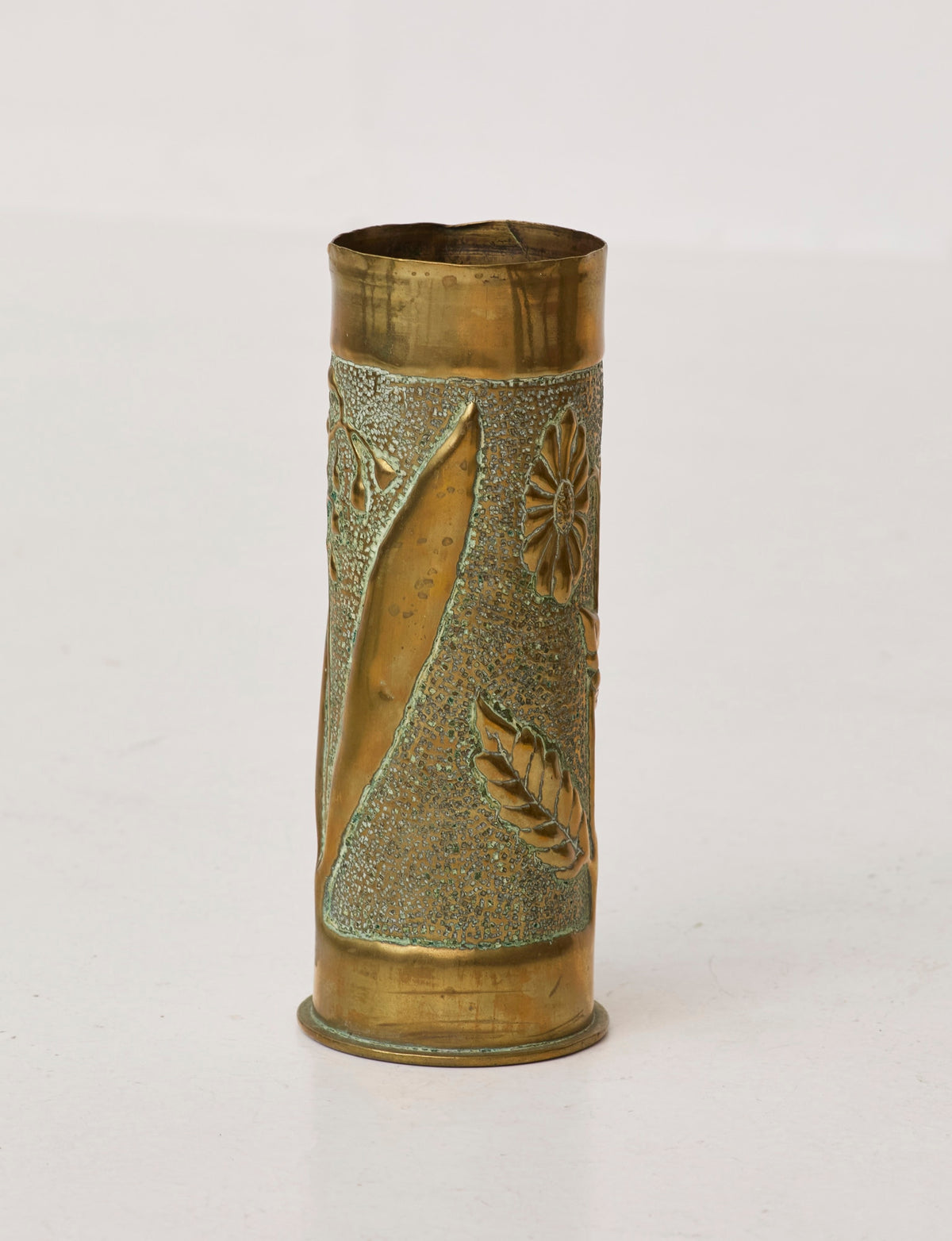 Vintage Vase in Metal Brass (hand-repoussé Daisy and Lily of the valley motifs) — detail view