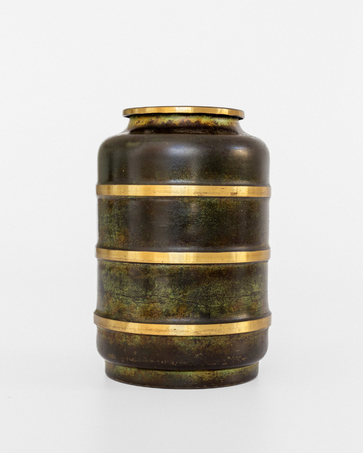 Modernist bronze vase with brass bands and patinated finish