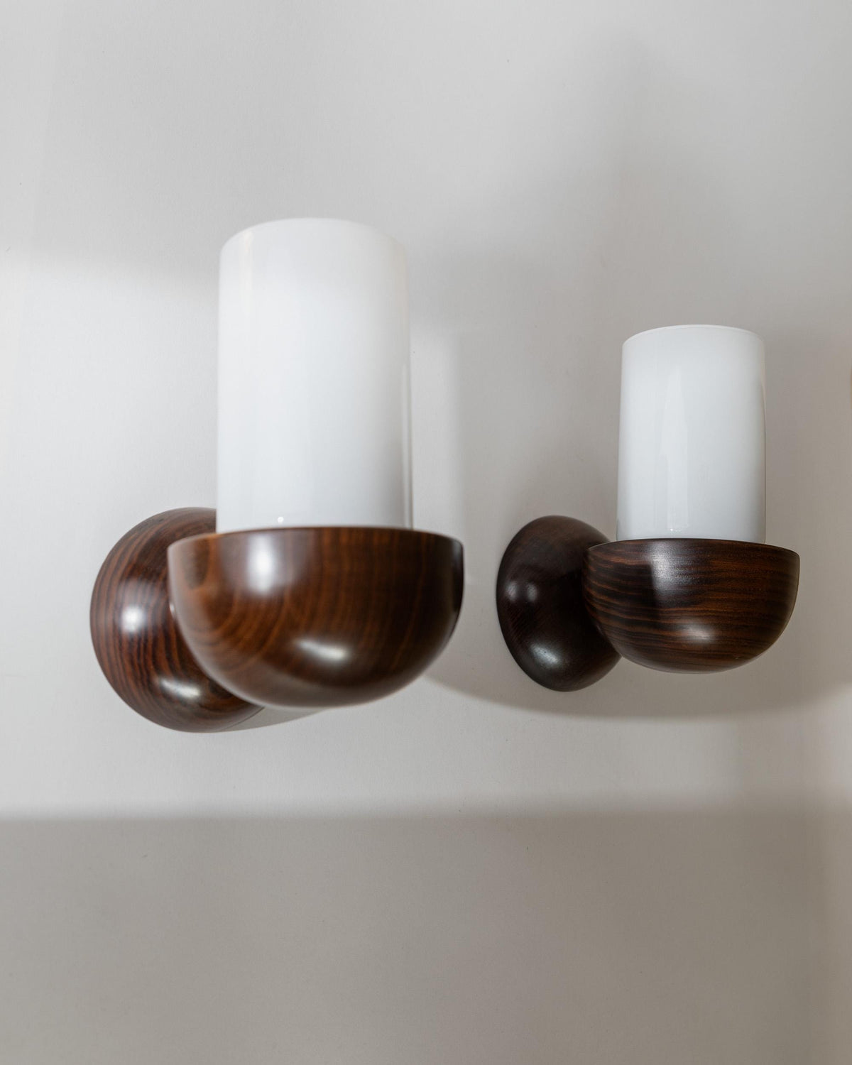 Vintage 1960s Wall Lamps Set of 2, Dark Wood with White Glass Shades, Mid Century Modern Lighting, Sculptural Wall Sconces — close-up