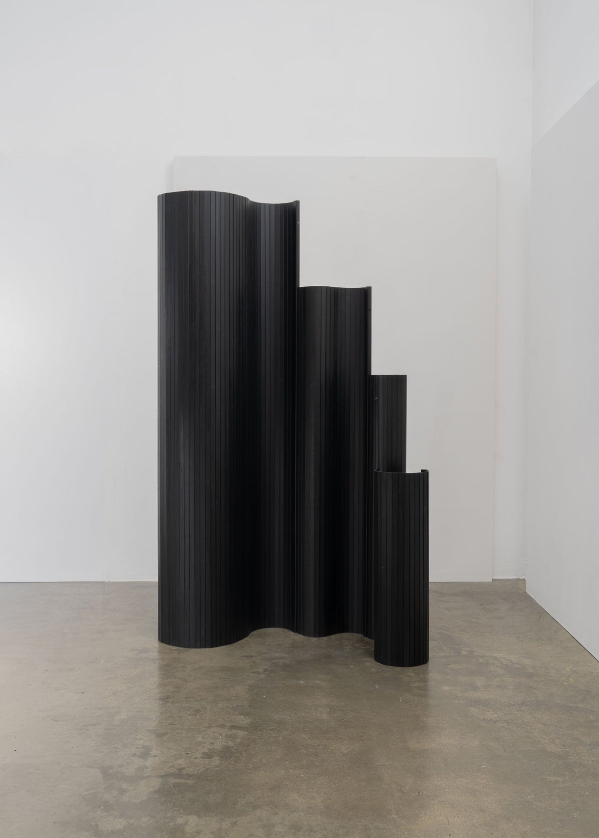 Sculptural Tambour Screen in Fumed Poplar by Tom Roberts — back view highlighting curved wooden panels
