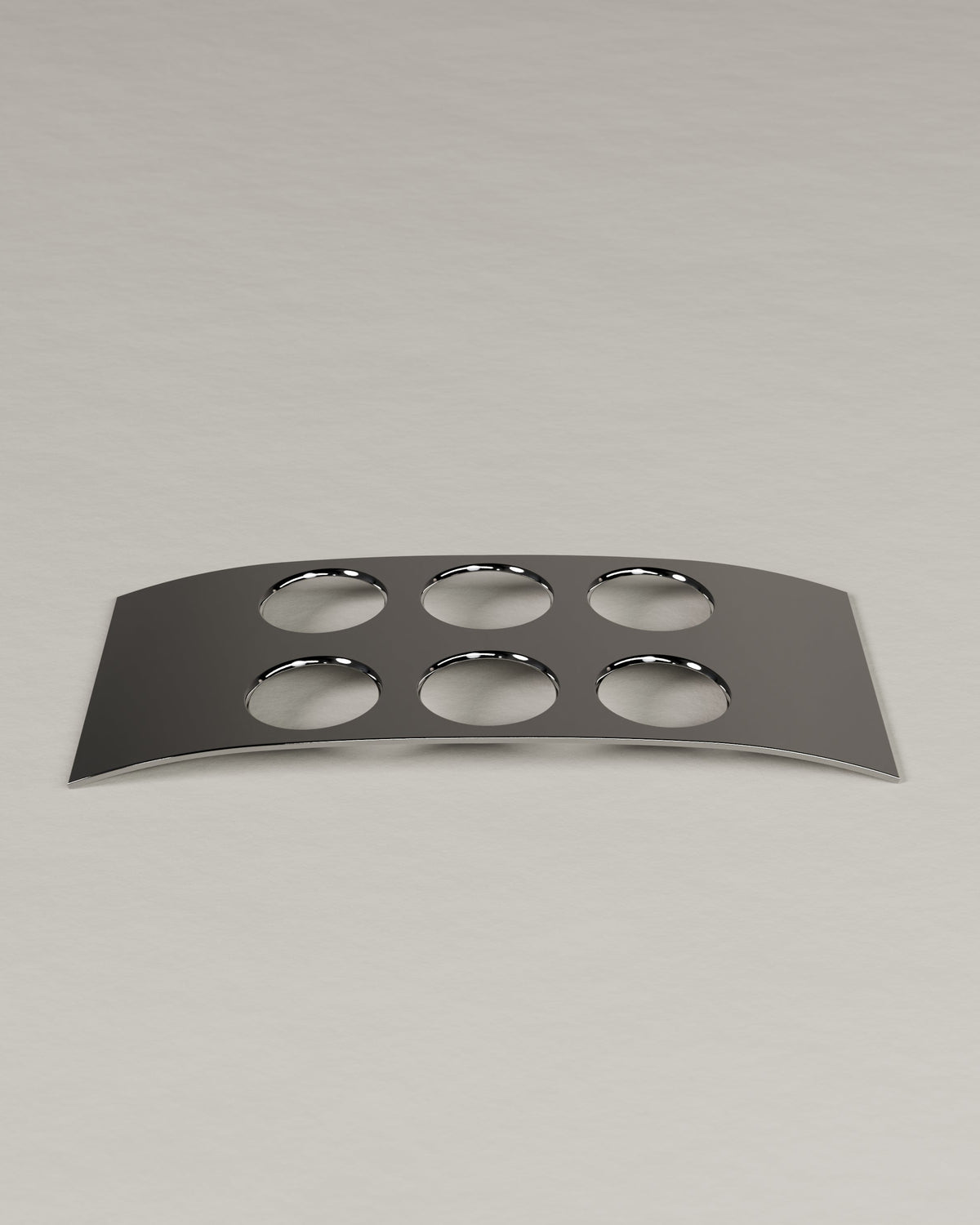 Modern curved stainless steel egg rack with six oval holders
