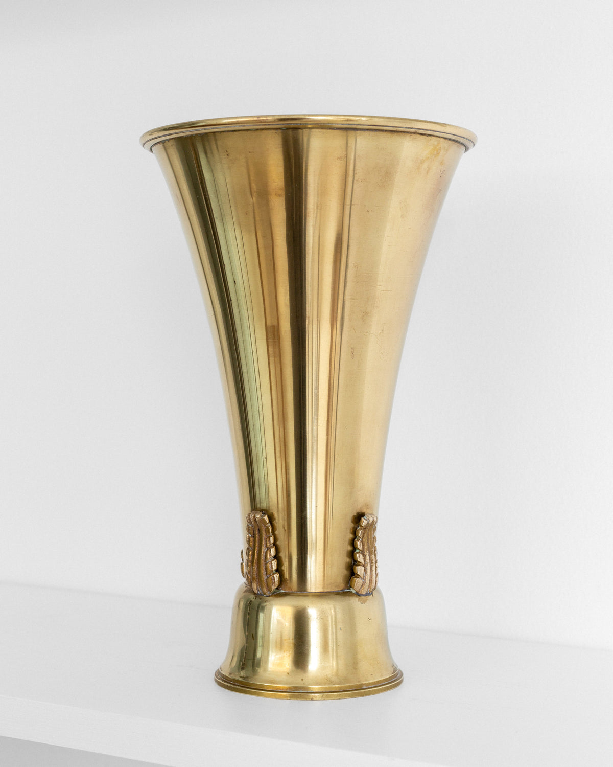 Large Art Deco Brass Vase by Ystad-Metall, 1930s — side angle highlighting fluted design