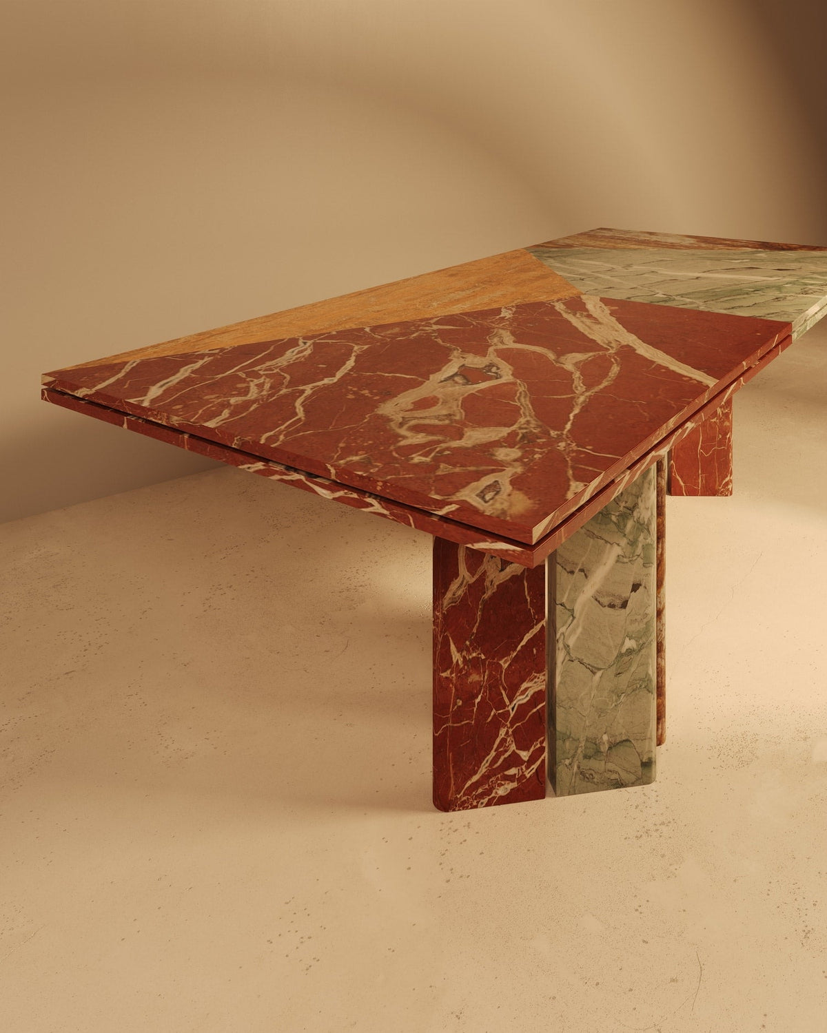 Multi-colored marble dining table with geometric pedestal base