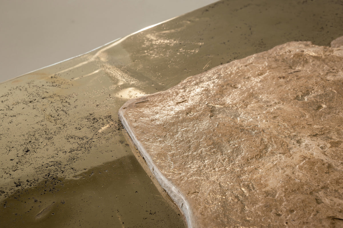 ACROPOLIS Sculptural Coffee Table - Brass and Travertine and Resin Coffee Table — side angle