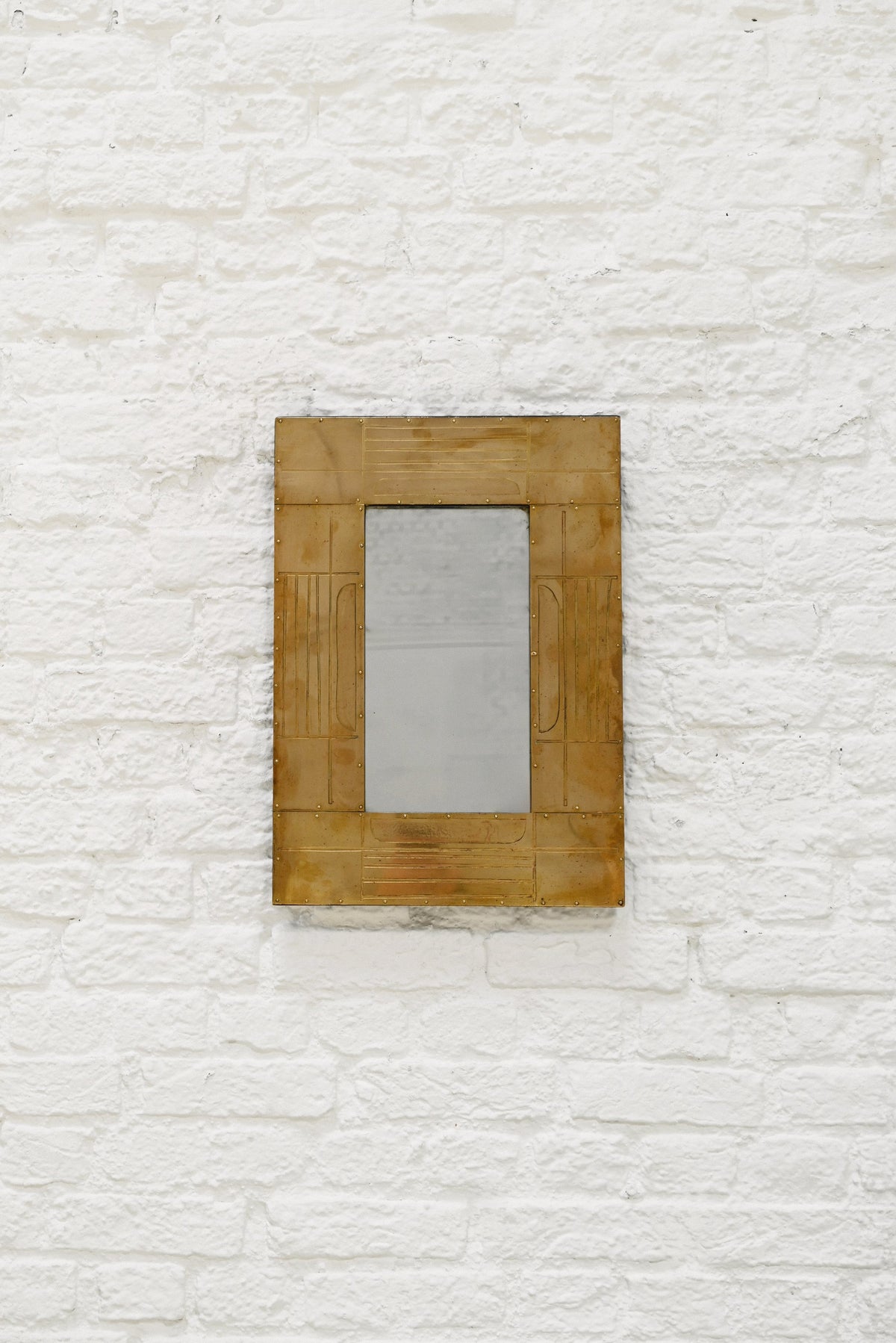 Jean Blazy Sculptural Etched Brass Mirror, France, 1970s — close-up