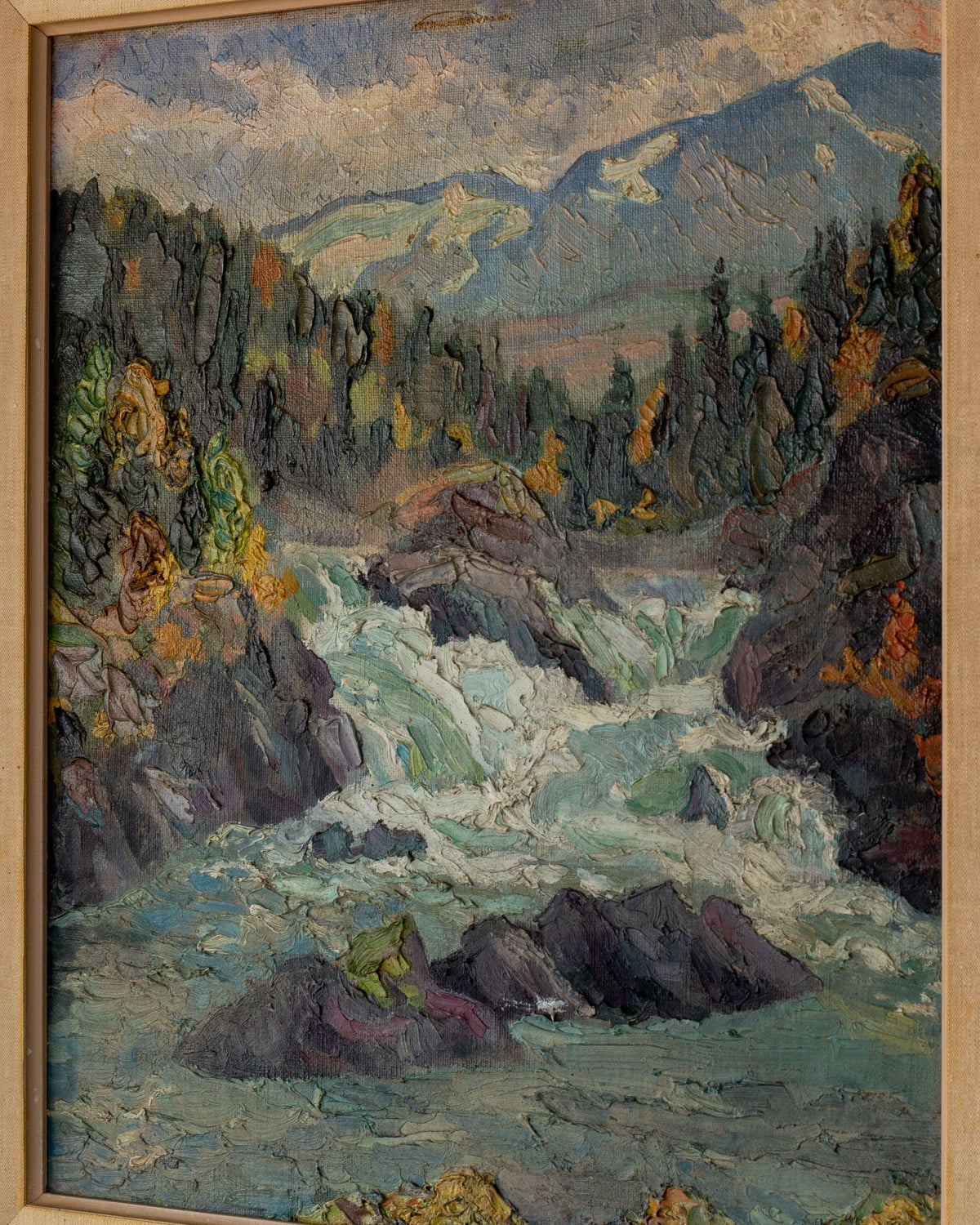 Vintage Nordic Landscape Painting, 1930s-40s — close-up of textured brushstrokes in frame