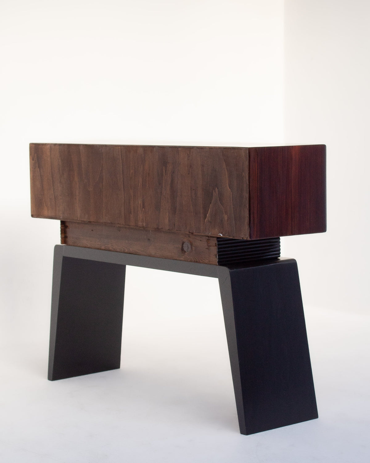 Art Deco console with walnut top on angular black metal legs