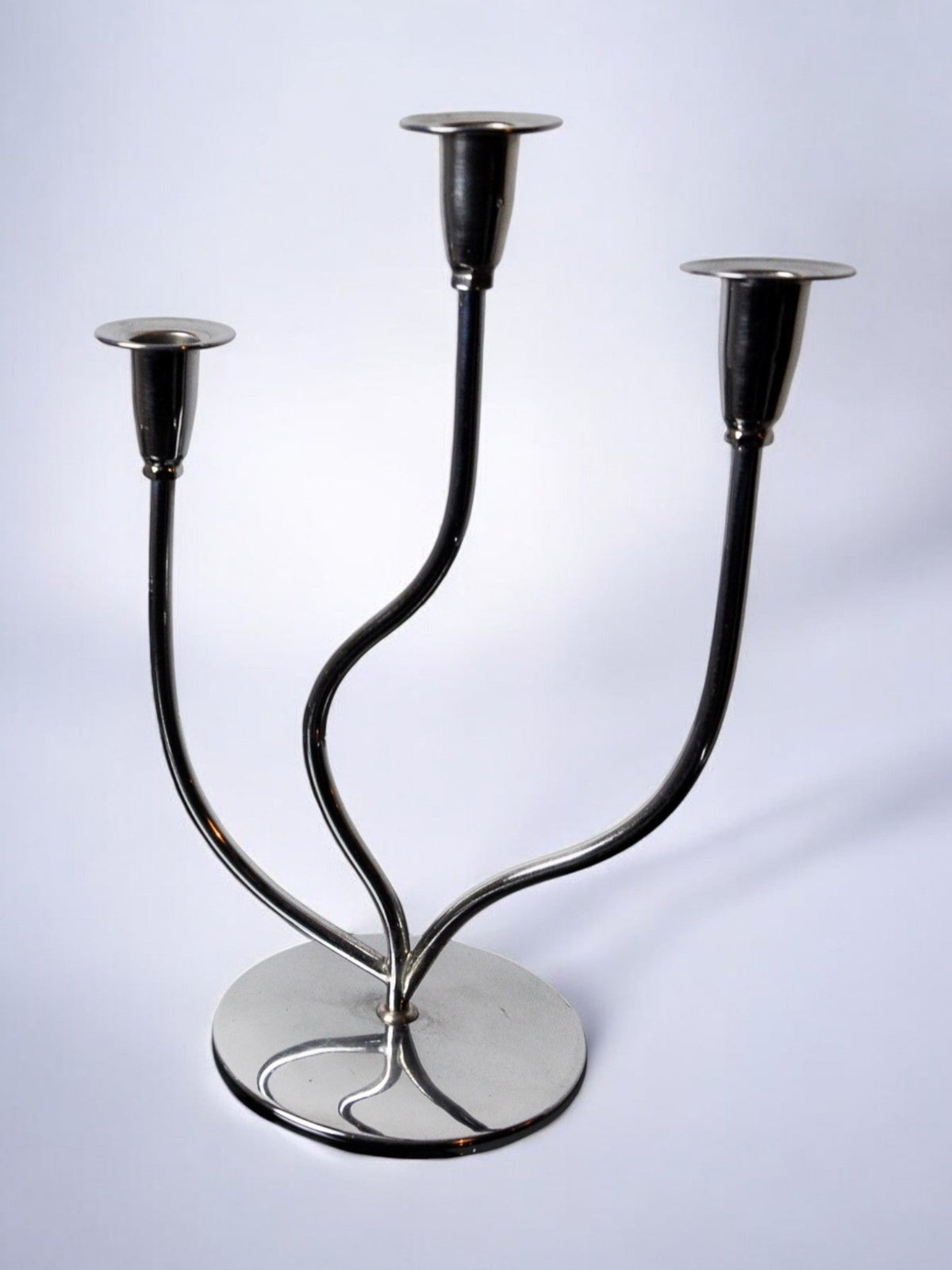 Art deco candlestick in stainless steel 3 flames, Spain, 1970 by Malamar Studio | The Oblist