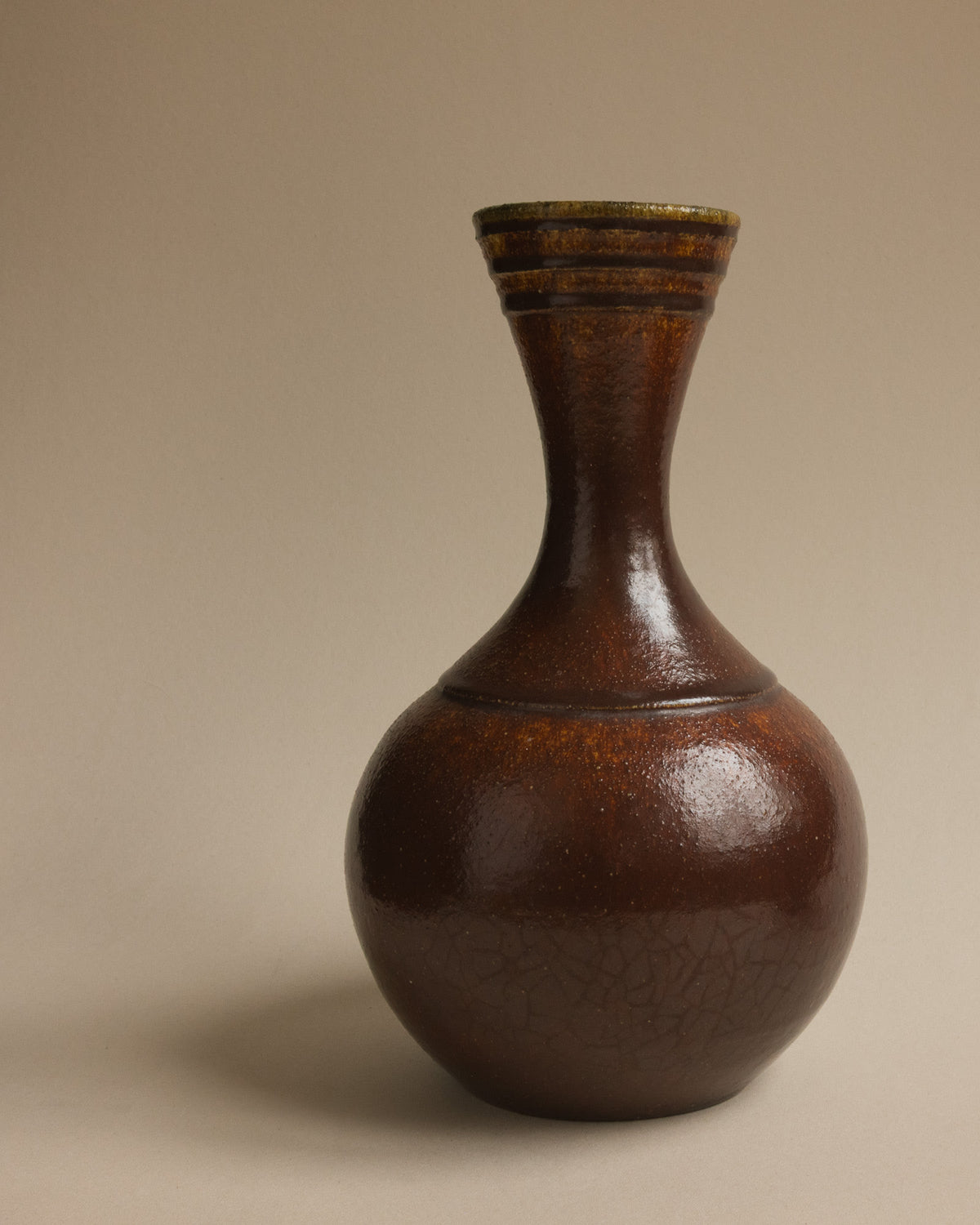 Large Accolay Potters Brown Glazed Ceramic Vase | Burgundy, France - c. 1960s — lifestyle setting