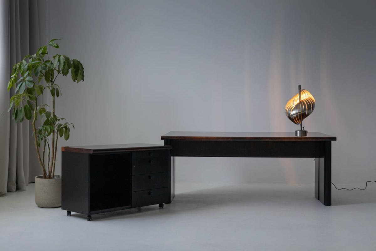 Executive Burlwood Desk and small cabinet 1980s — side angle
