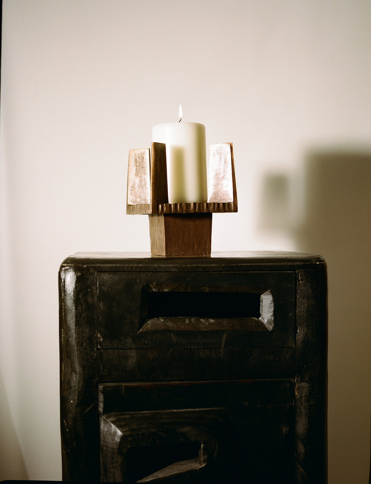 Vintage French Bronze Mid-Century Candle Holder Circa 1950 — top view on dark wooden surface