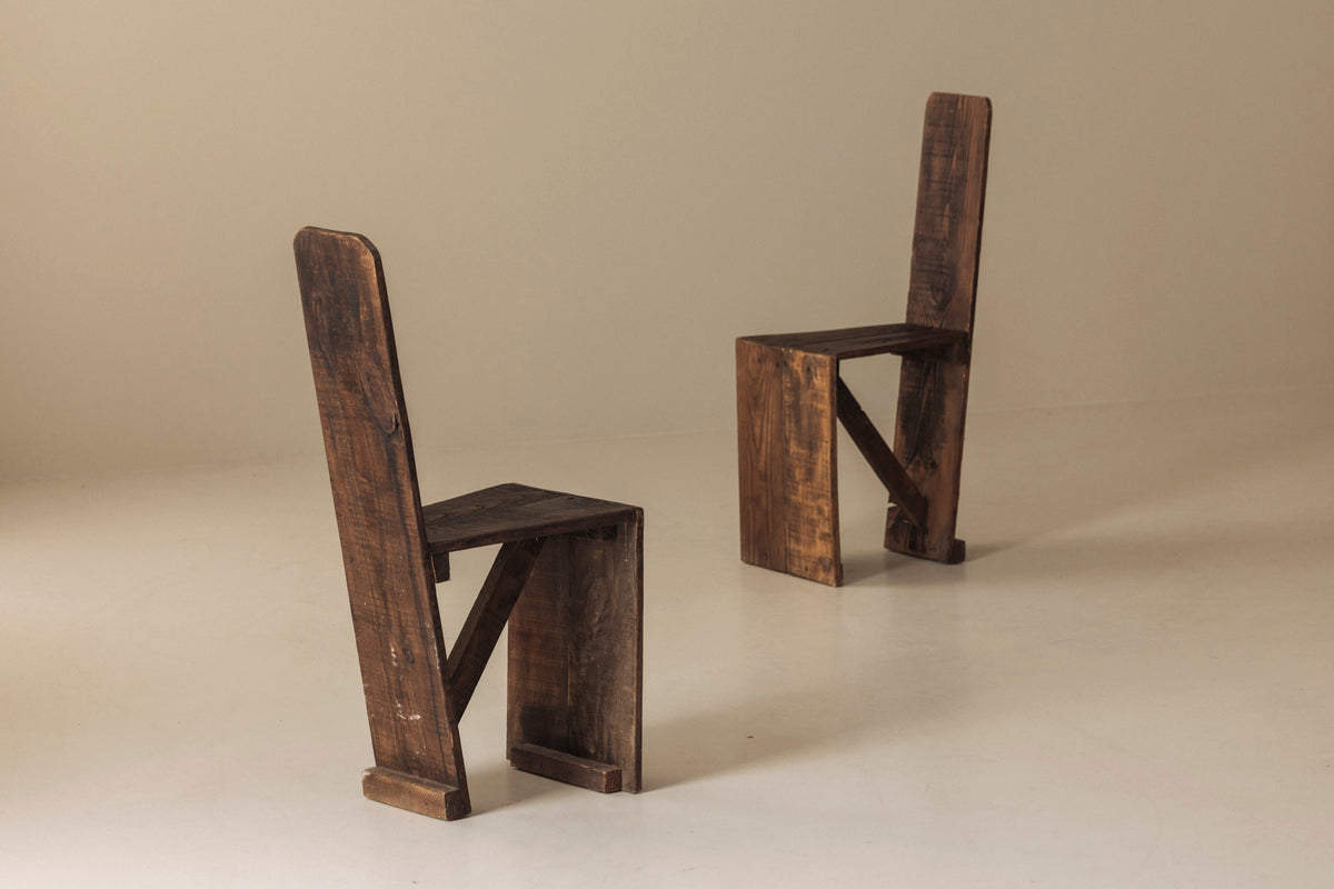 Set of 3 Primitive French Wooden Chairs, 1940s–1950s — close-up