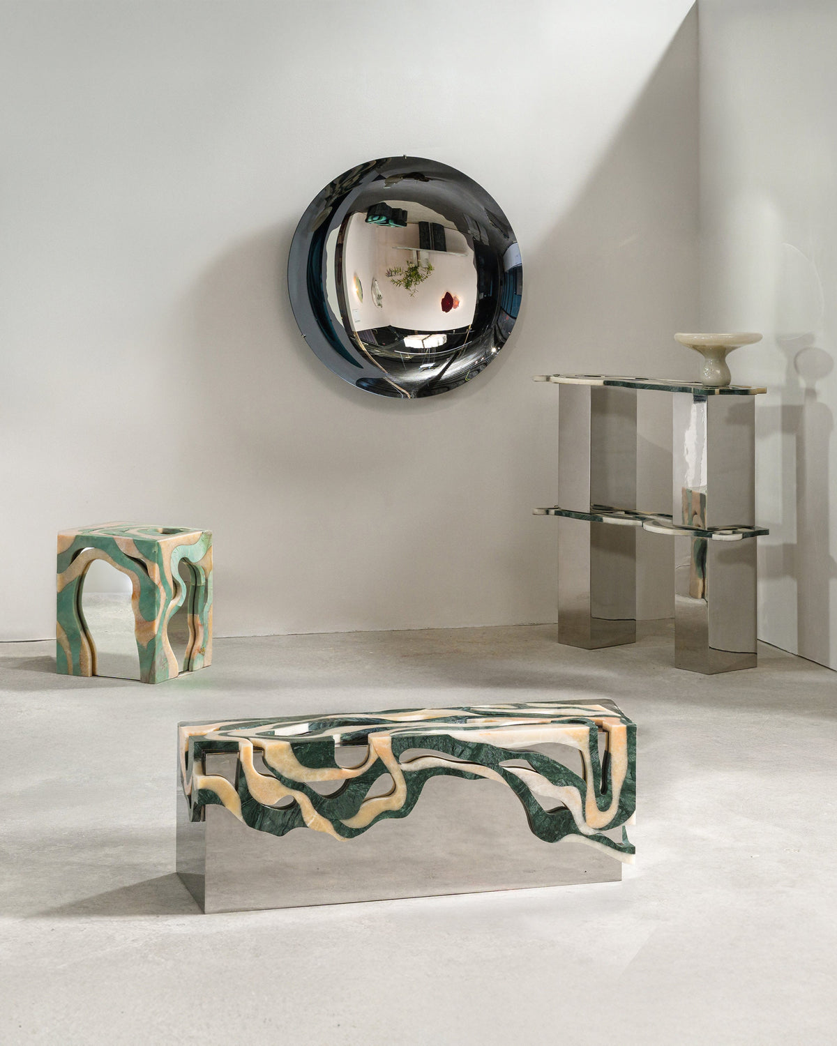Contemporary design furniture collection with green marble pattern bench and chrome mirror