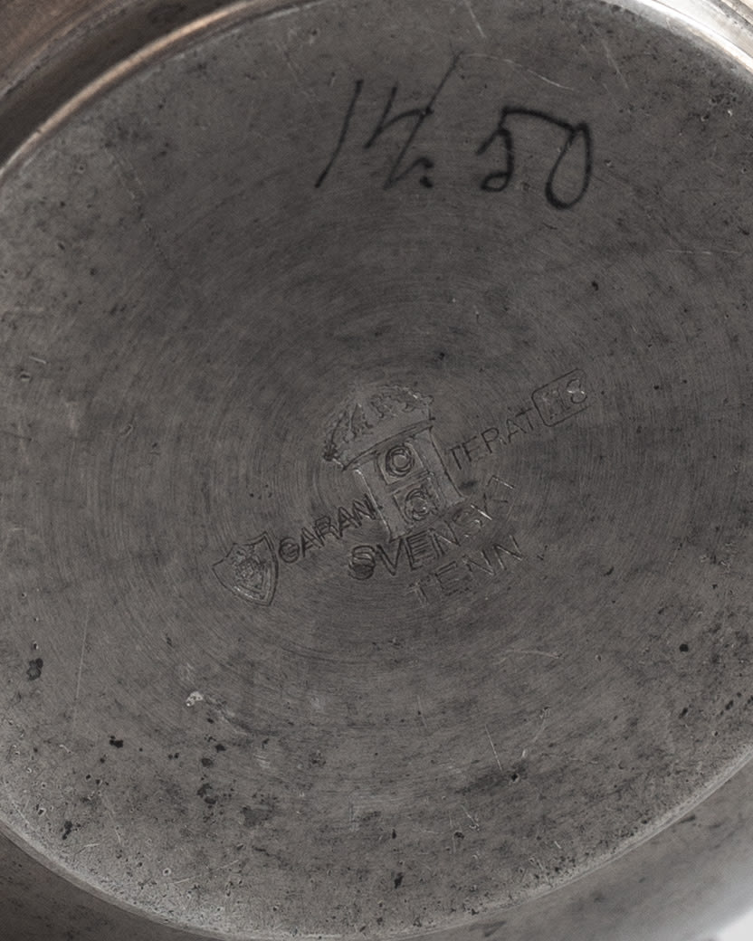 Spherical Art Deco Pewter Vase by C.G. Hallberg, 1934 — bottom view showing maker's mark and patina