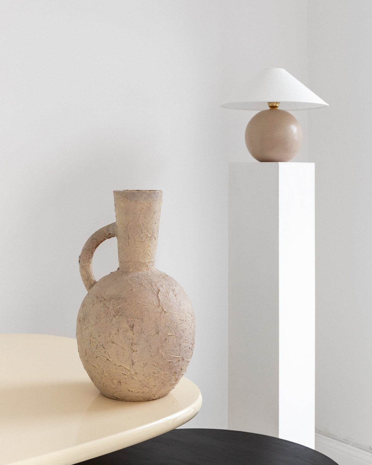 Large Textured Ceramic Floor Vase, 1940s-40s Sweden — positioned on a round table in a minimalist setting
