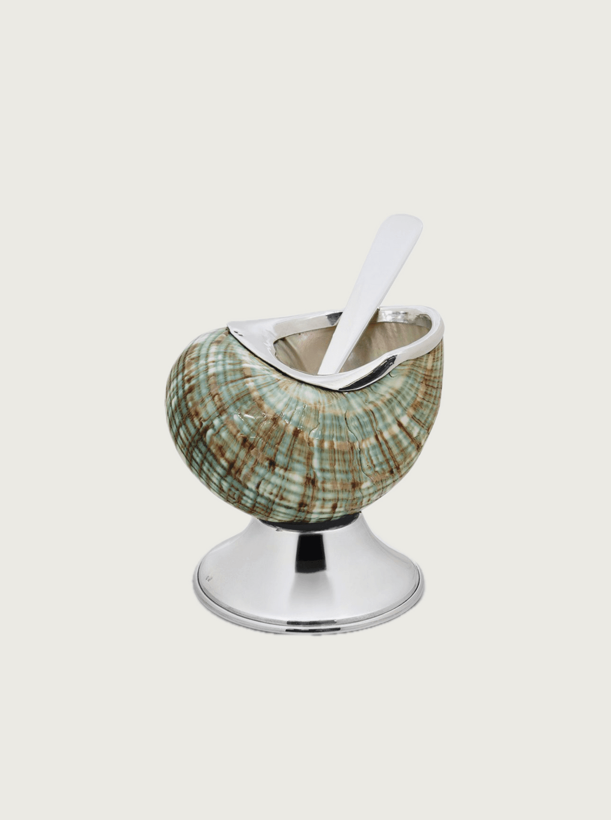 Jade Shell Sugar Bowl — top view showing green shell and silver spoon