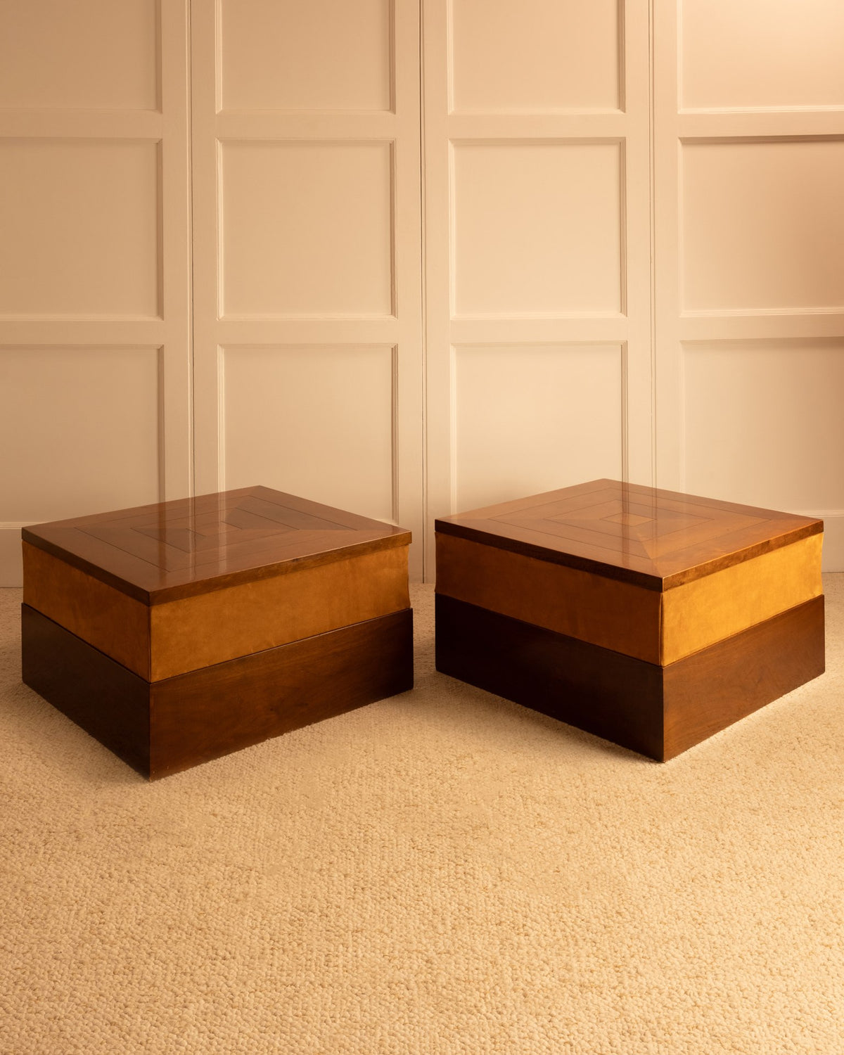 Pair of Paolo Buffa walnut coffee tables with contrasting wood