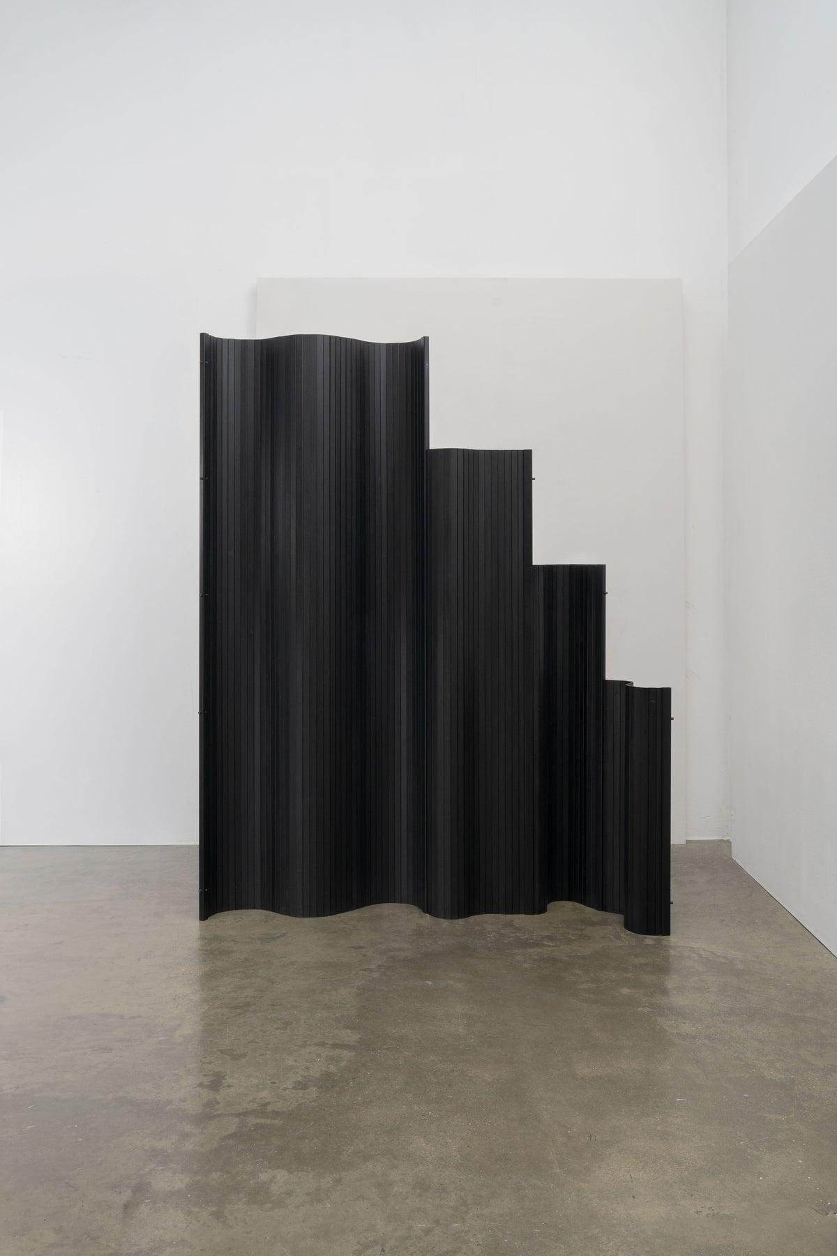 Sculptural Tambour Screen in Fumed Poplar by Tom Roberts — front view highlighting curved black panels