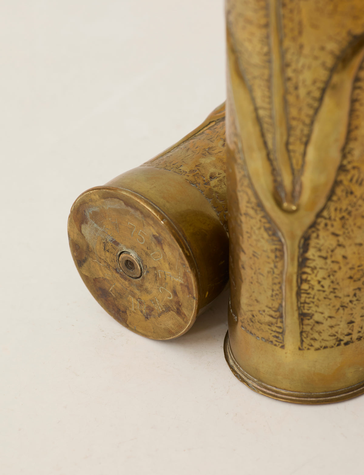 Set of 2 Vintage Vases in Metal Brass — top view of detailed brass texture