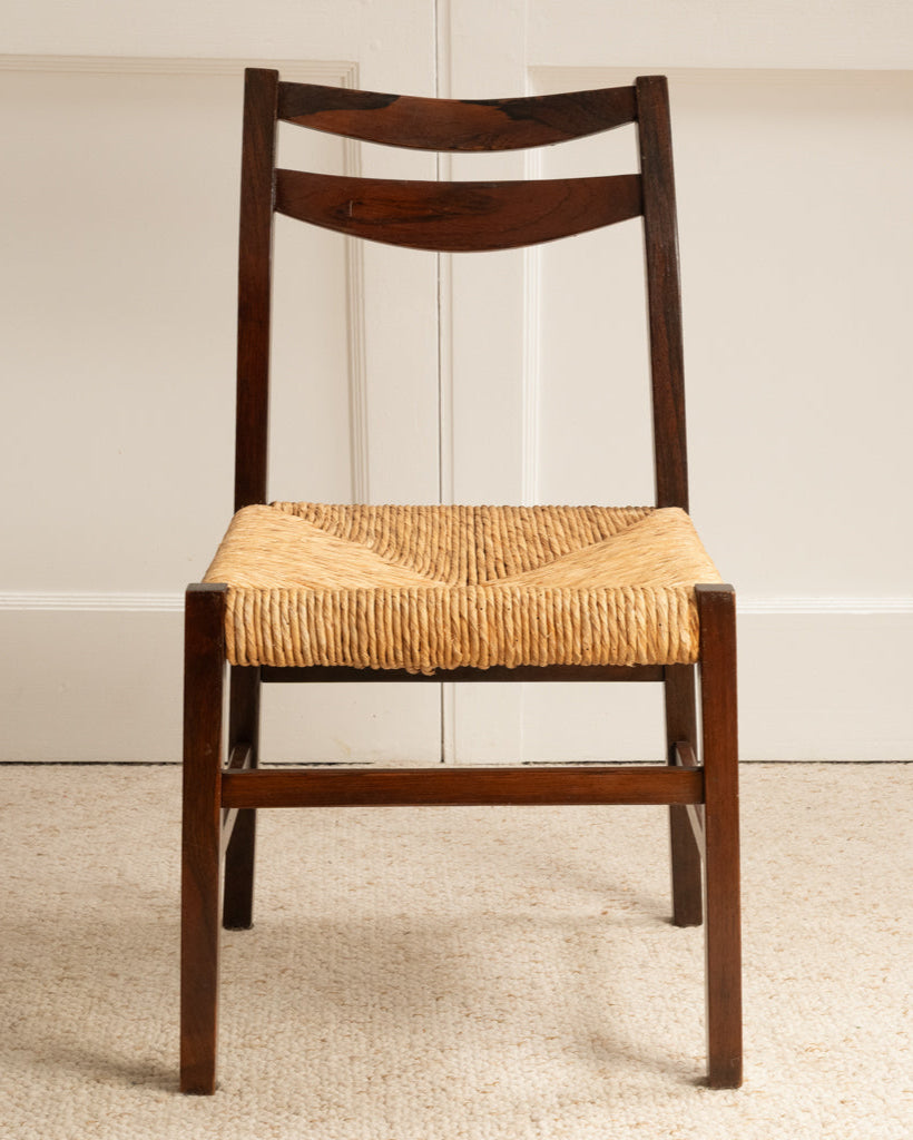 1960s Italian chair with woven rush seat and walnut frame