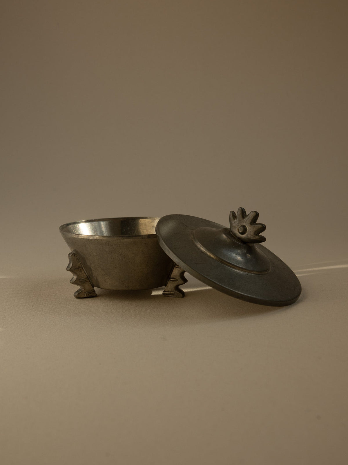 B.H. Edlunds for Svenskt Tenn Swedish Grace Pewter Bonbonnière with Crown Finial (1930) — detail view