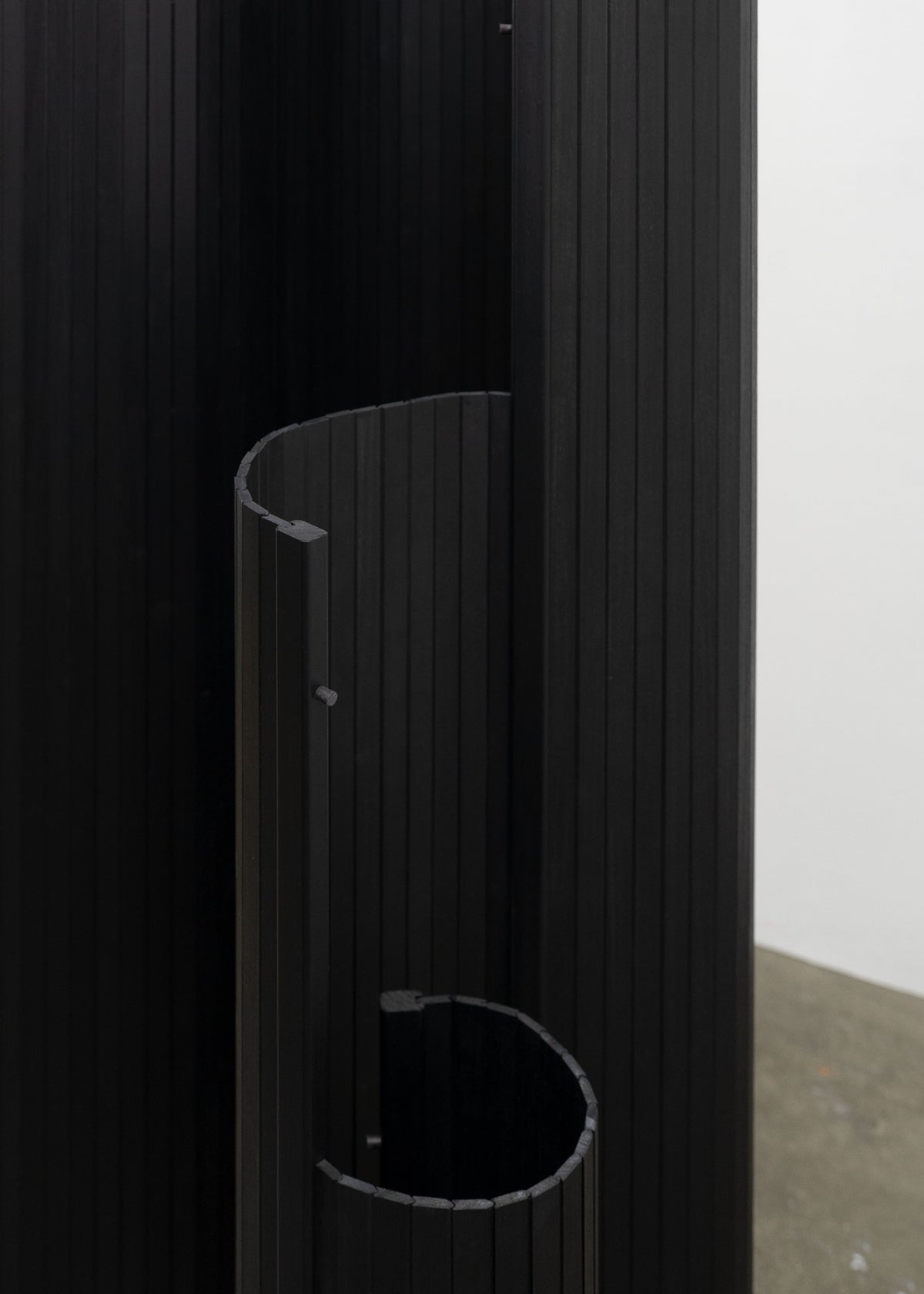 Sculptural Tambour Screen in Fumed Poplar by Tom Roberts — top view showing vertical slats and curved detail