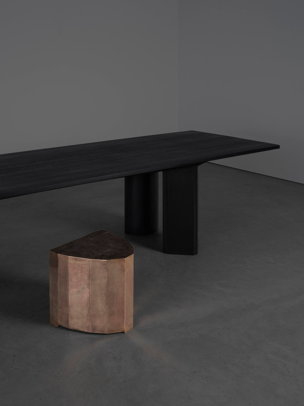 HY [b] - Sculptural Stool — side angle showing copper and wood materials