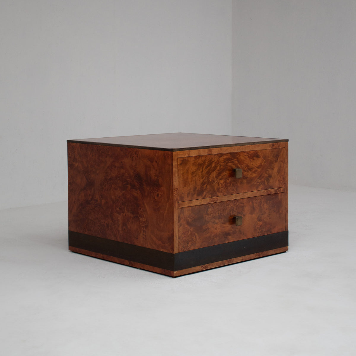 Vintage Burl Wood Cube Cabinet with Two Drawers — detail view