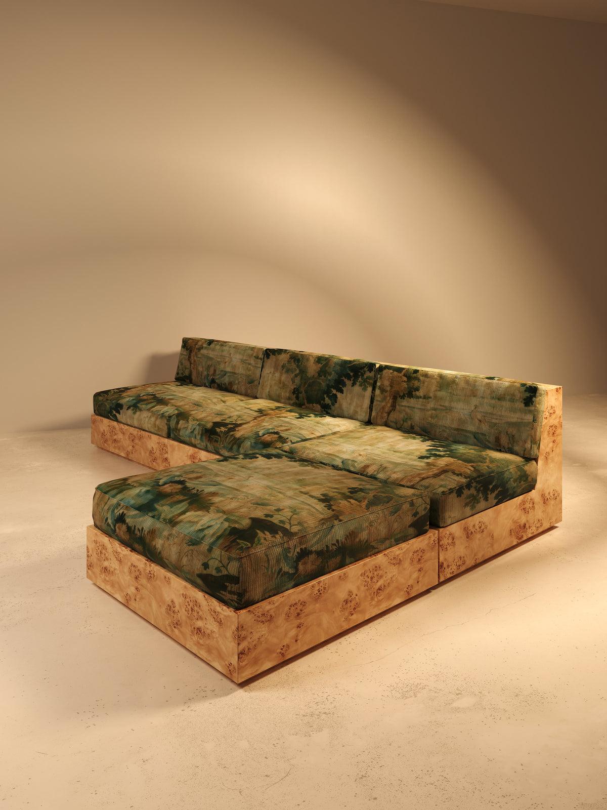 KAVA Collection II POUF – Maple Burl Finish, Pierre Frey Upholstery — side angle