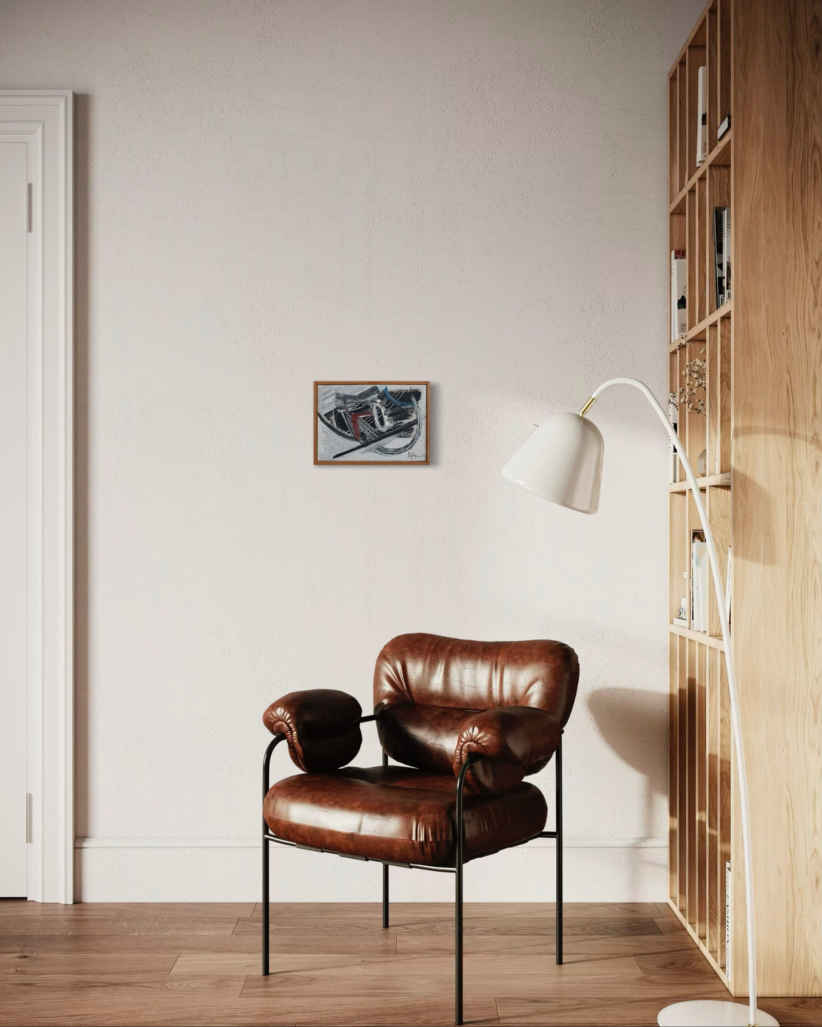 Abstract oil painting by Lars Sjögren displayed in modern reading corner