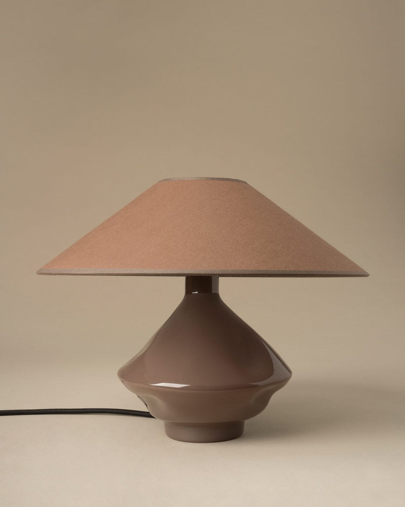 Brown conical glass table lamp with suede shade, Los Objetos Decorativos