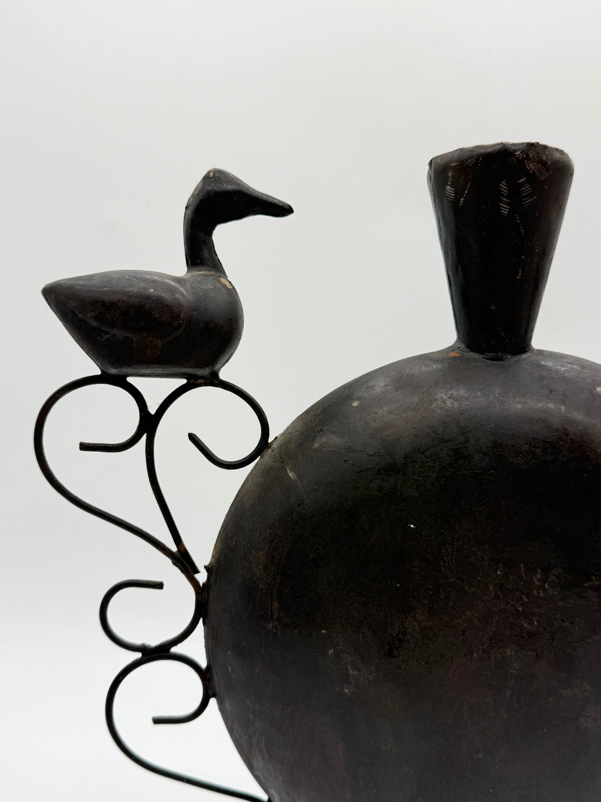 Bird-Motif Wrought Metal Vase, Handcrafted, 1960s — detail view