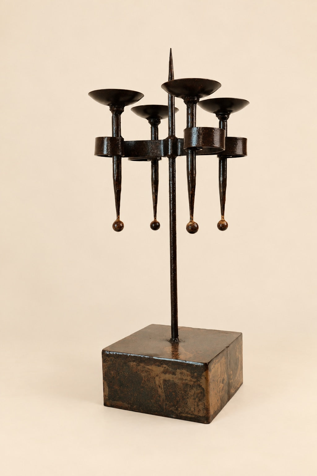 Vintage Brutalist Wrought Iron Four-Candle Candelabra — close-up