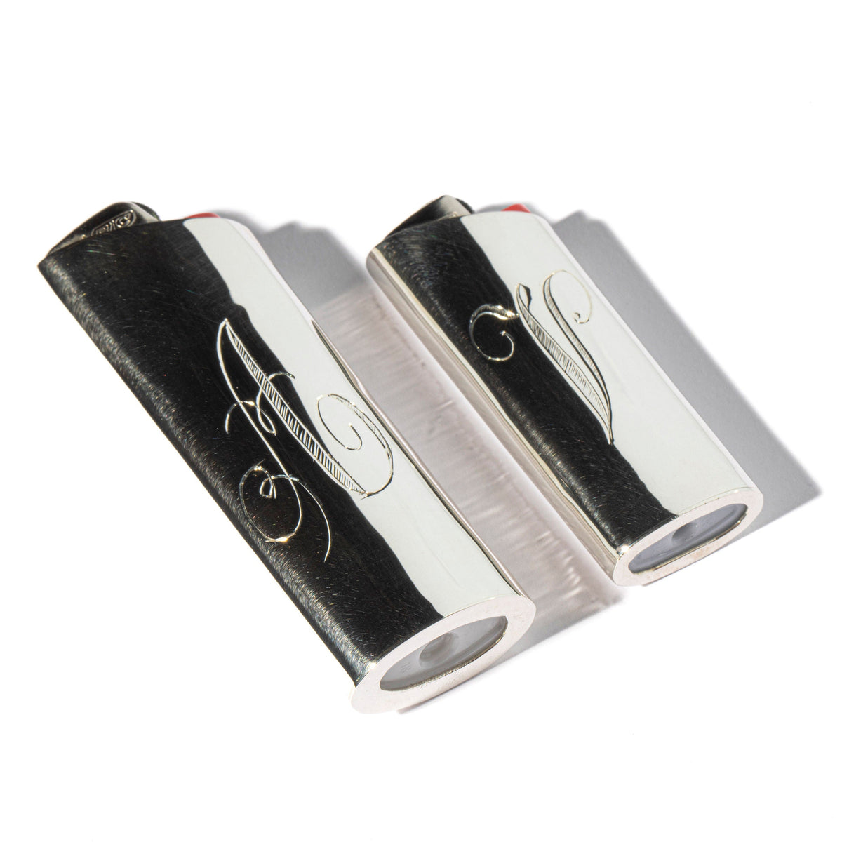 Monogram Lighter Case Small Size — angled view of polished silver finish