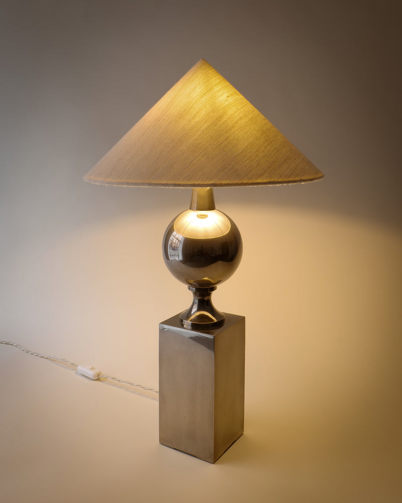 Philippe Barbier Chrome Table Lamp 1970 by Collection apart | The Oblist — chrome base, fabric shade