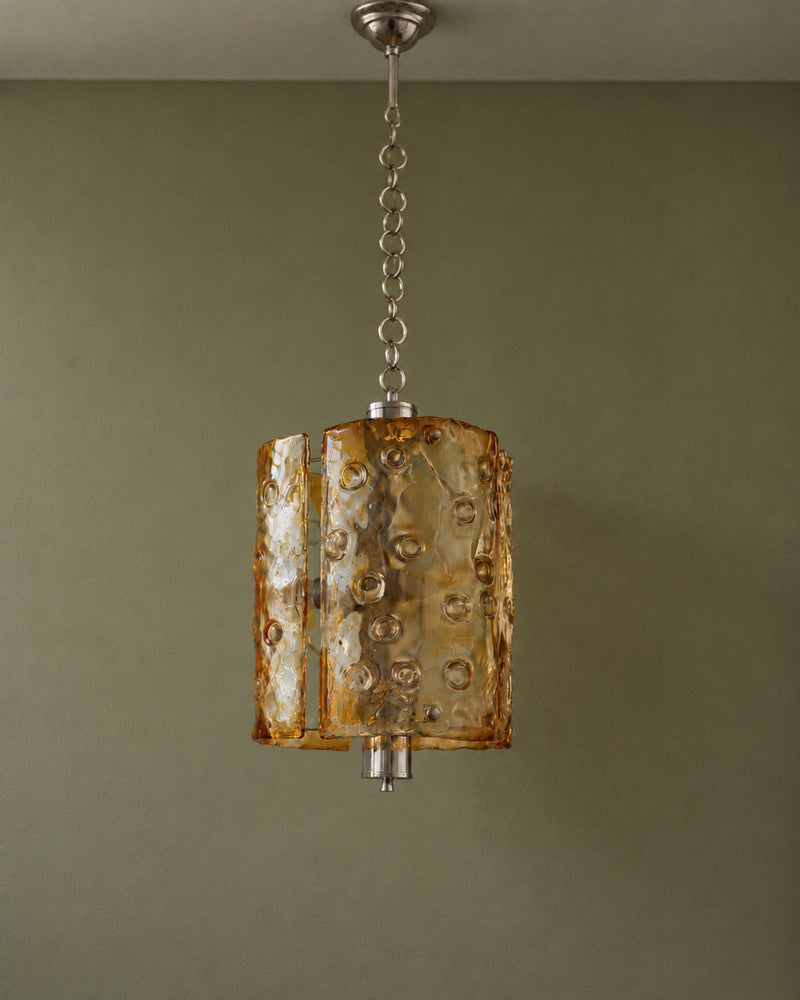 Large vintage Murano glass ceiling lamp by Toni Zuccheri for Mazzega - Italy 1970s - clear and orange glass, chrome - MCM chandelier — detail view