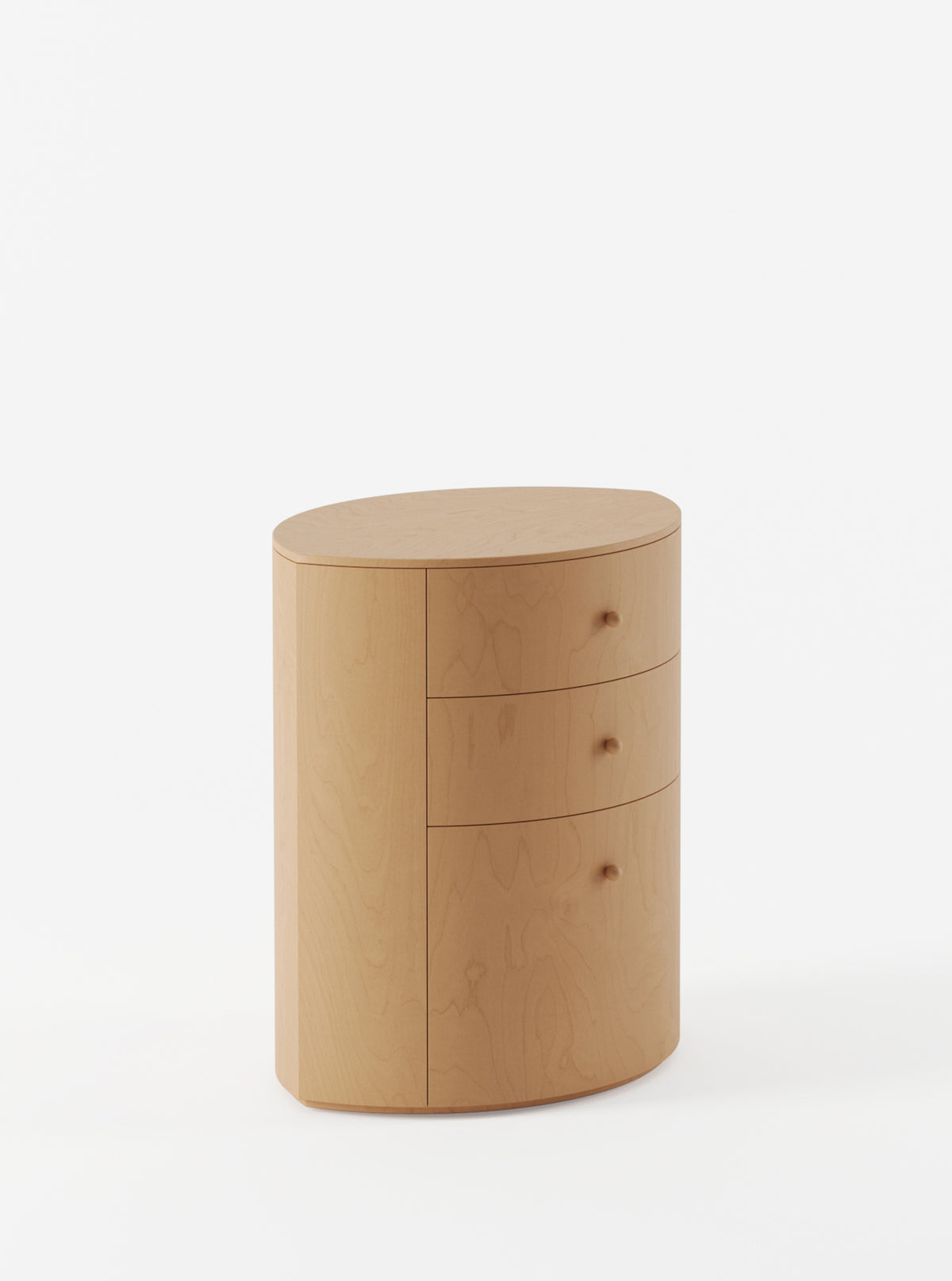 Observer oval birch nightstand with three curved drawers
