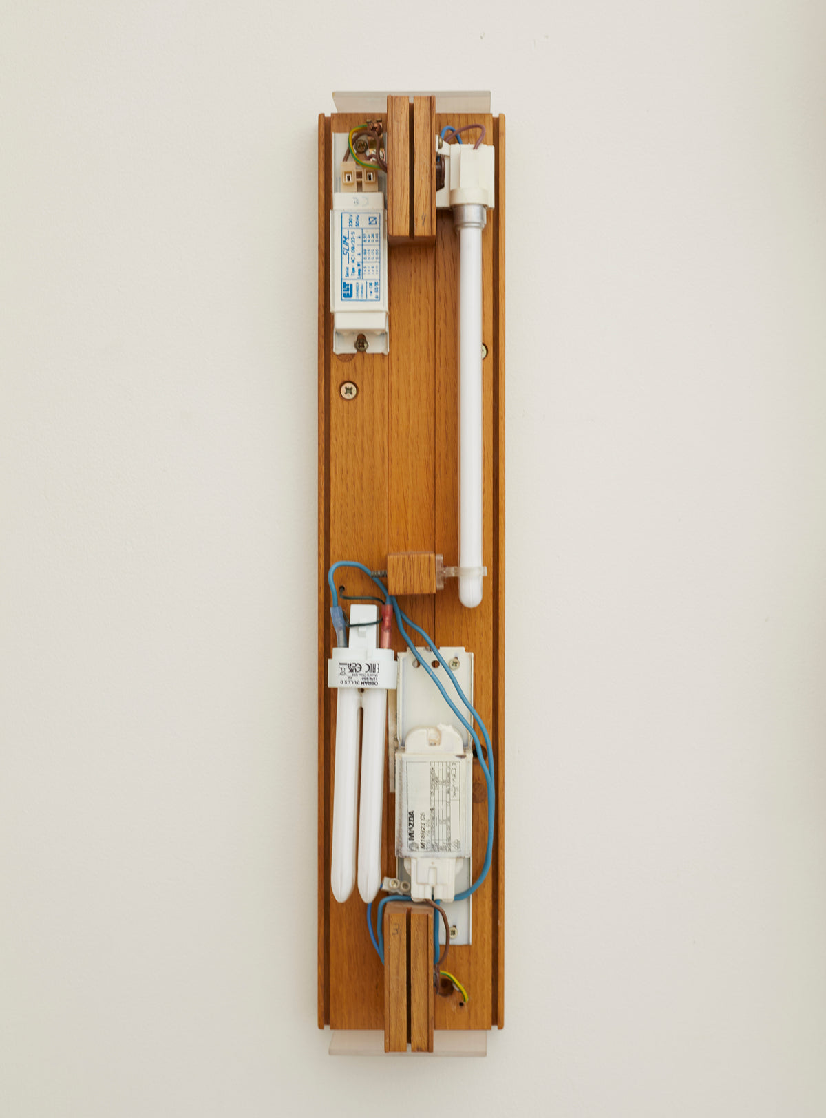 Vintage Set of Two French Oak Wood Sculptural Lamps Wall Lights C. 1980 — back view showing electrical components and oak bac