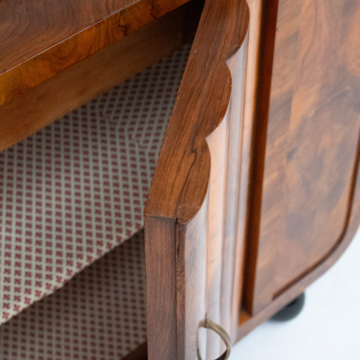 Art Deco Burl Wood Cabinet with Sculptural Top — in context
