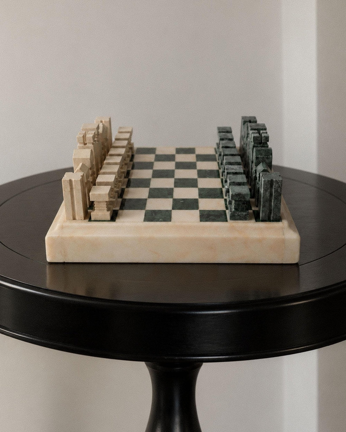 Vintage 1970s Marble Chess Set, Green and Beige Stone Chess Board, Heavy Design, Geometric Chess Pieces, Sculptural Table Game,  Gift Idea — detail view