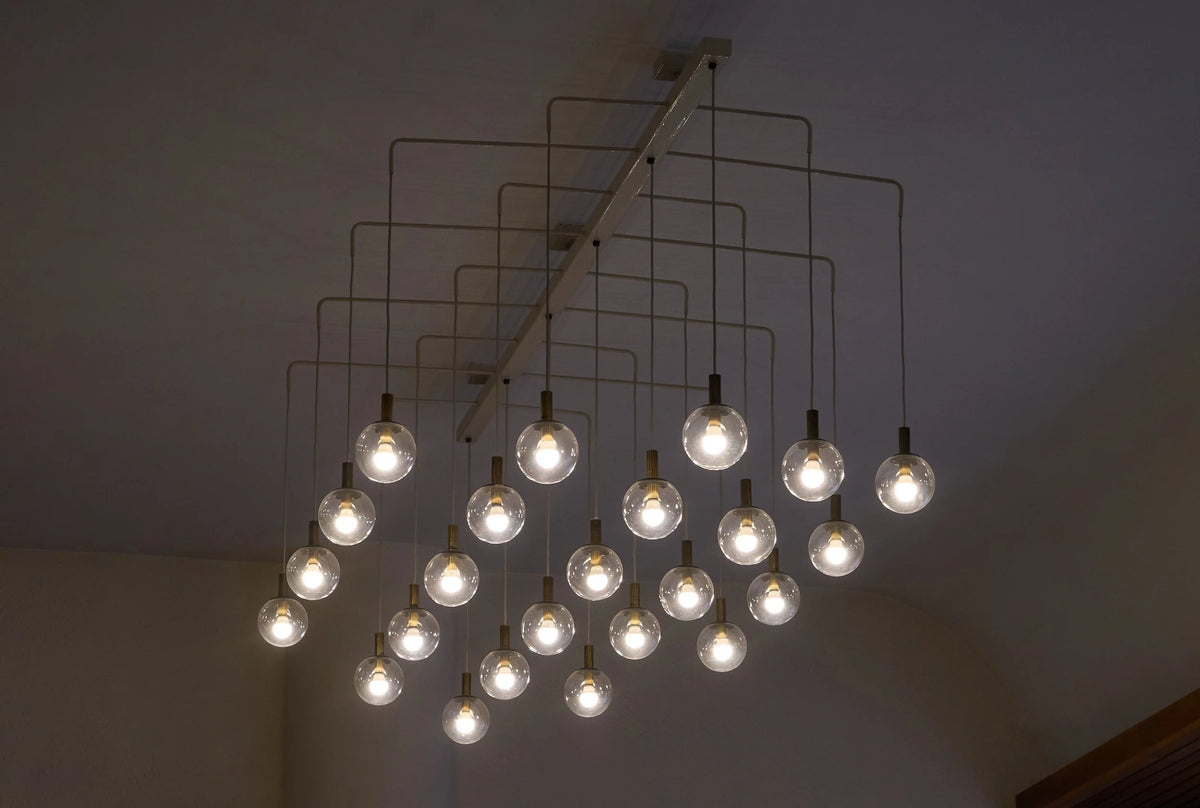 Monumental Pair of Mid-Century Chandeliers in Glass, Metal and Patinated Brass 1960, 1960 — detail view