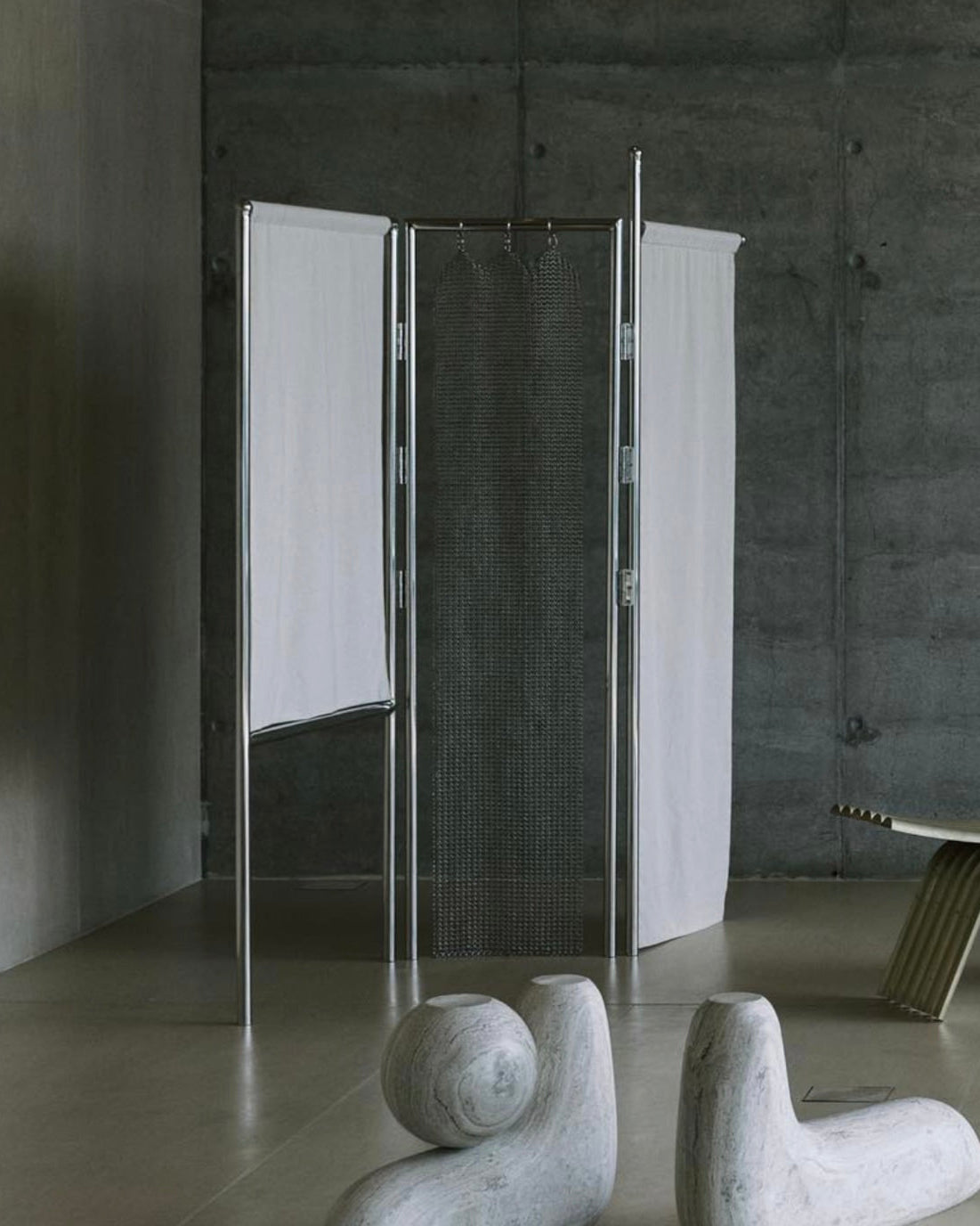Gonfalon Paravent, Room Divider in Textile and Metal — side angle in minimalist interior setting