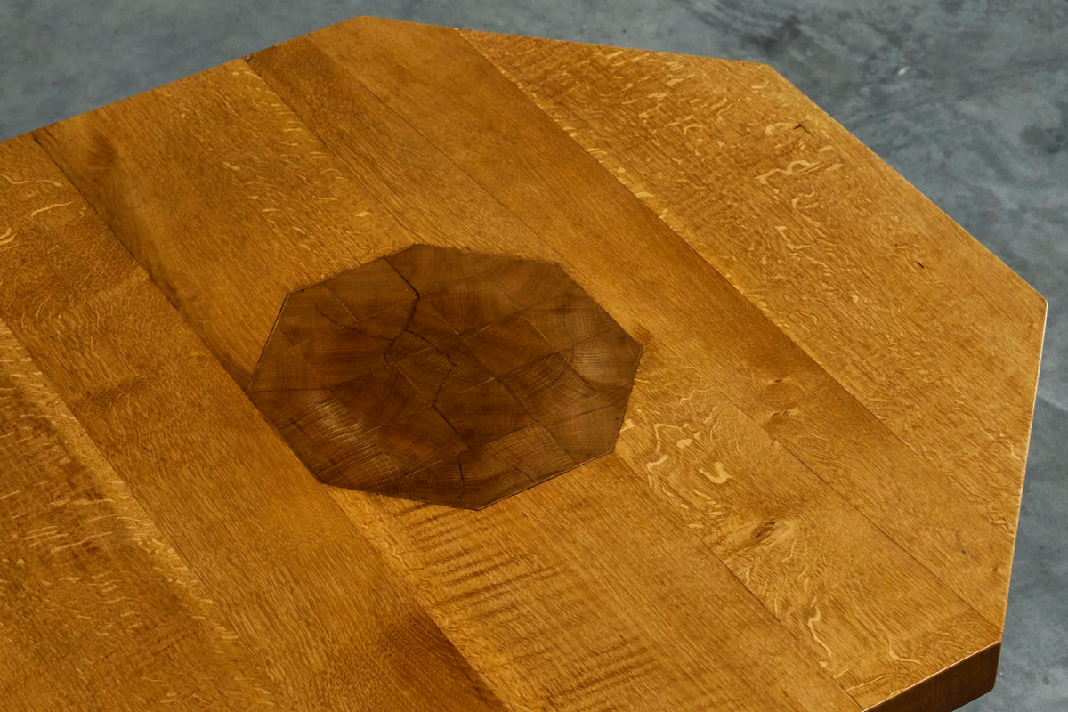Unique Octagonal Coffee Table in Solid Oak with End Grain Wood, 1950s — side angle